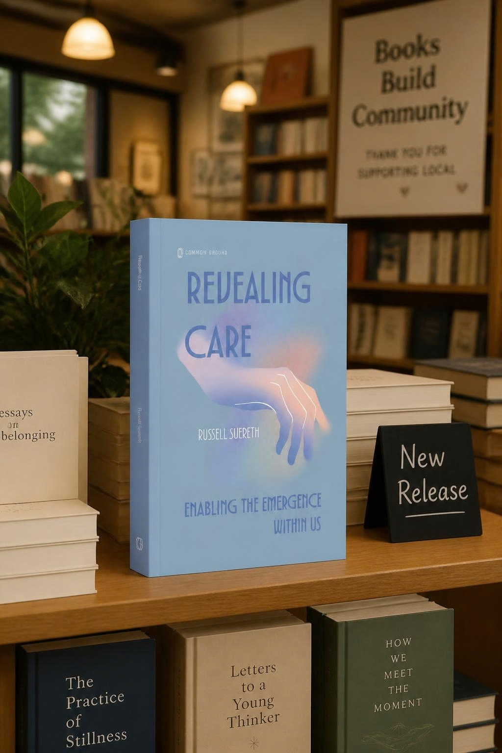 A blue book titled 'Revealing Care' by Russell Suereth displayed on a wooden table at a bookstore. Behind it, there's a large sign with the text 'Books Build Community' and a shelf of other books. A smaller sign next to the blue book reads 'New Release'.