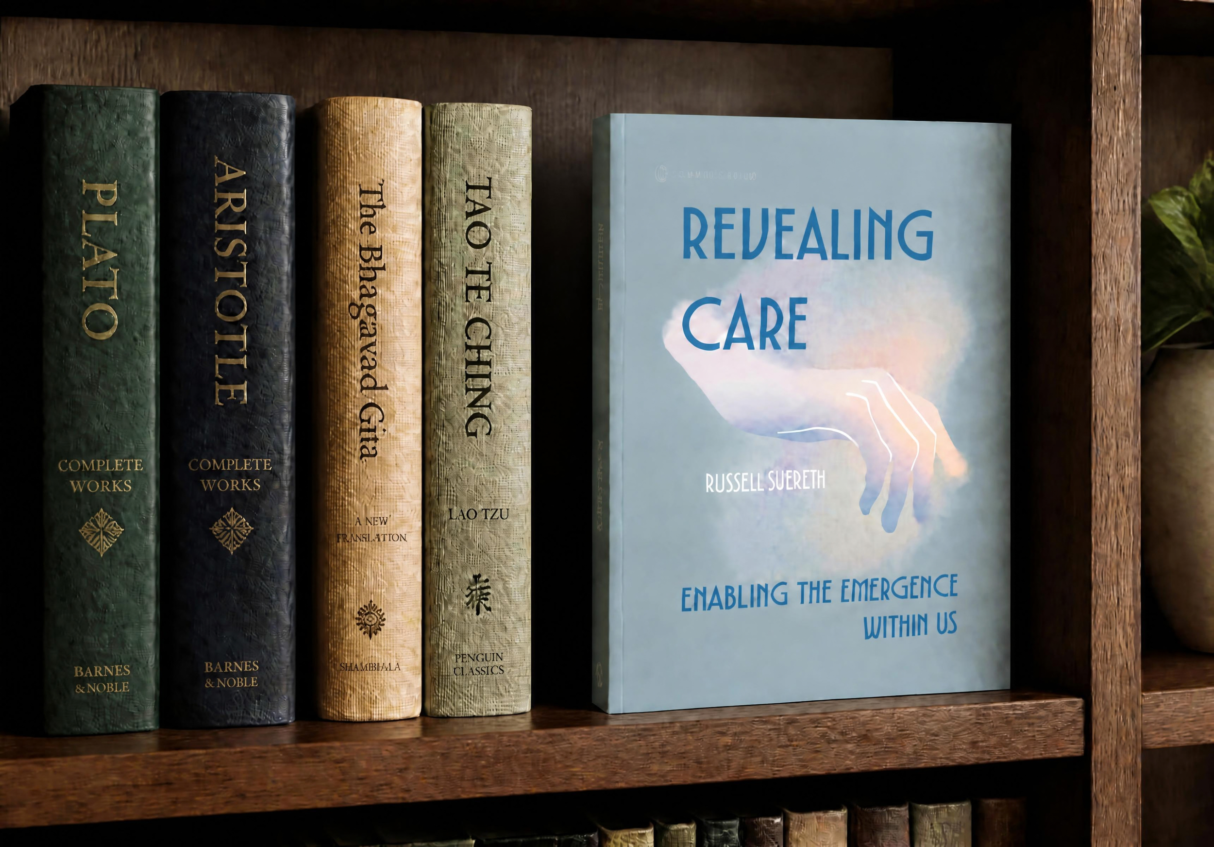 Shelf of books with a prominent book titled 'Revealing Care' by Russell Suereth, surrounded by other books on topics like Plato, Aristotle, and Lao Tzu.