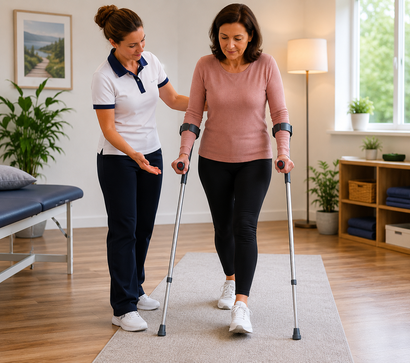 A woman undergoing physical therapy with crutches, guided by a therapist in a treatment room.