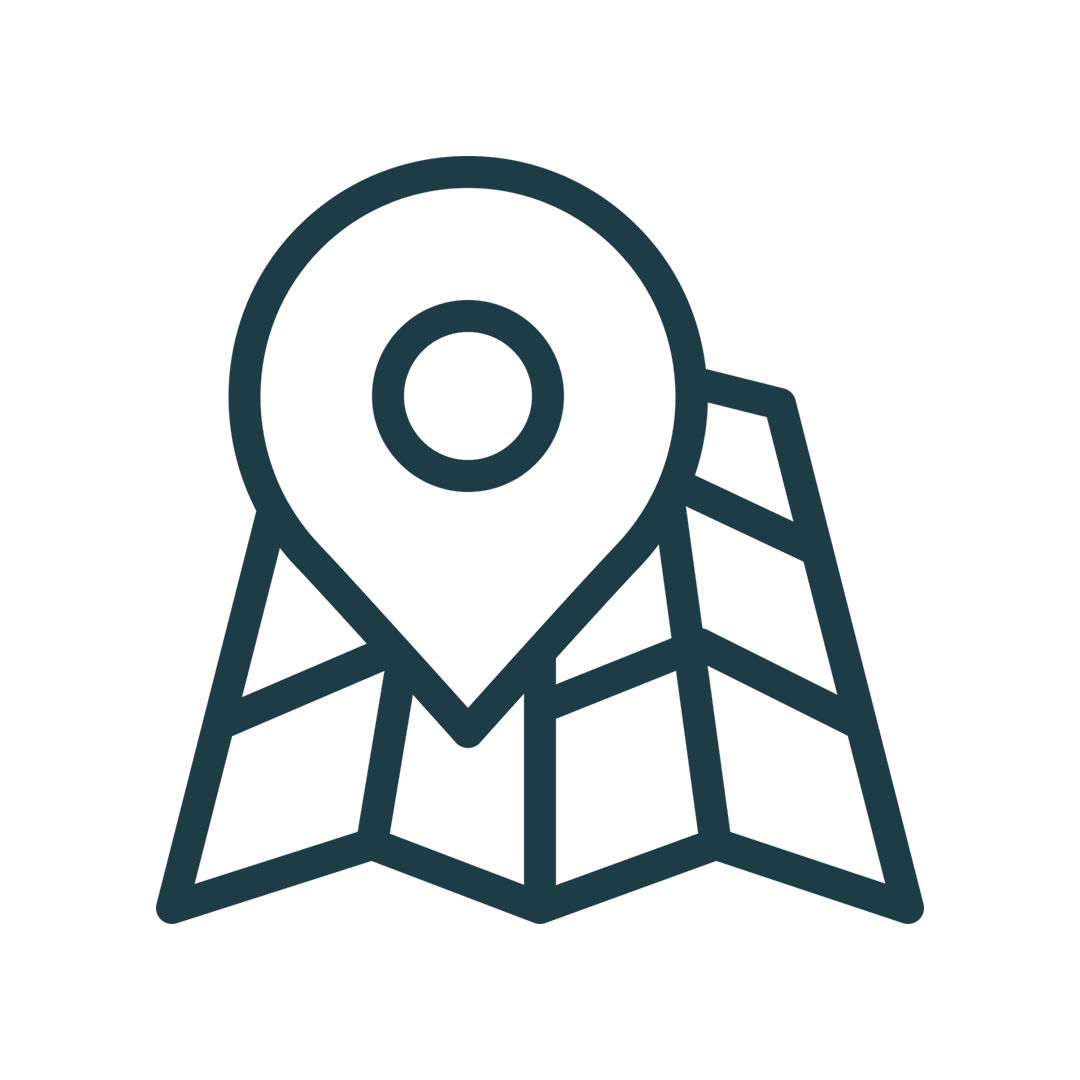 Outline of a map with a location pin marker on it.