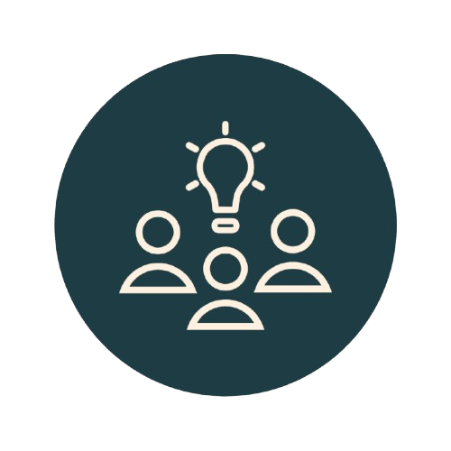 Icon of three people with a light bulb above their heads, representing teamwork and ideas.