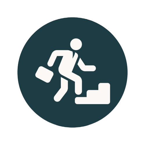 Icon of a person in business attire climbing stairs with a briefcase.