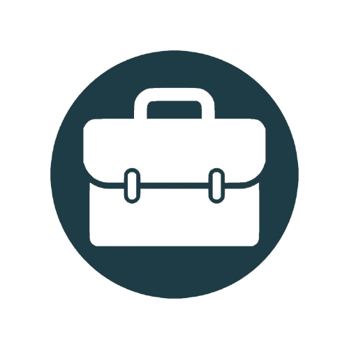Icon of a briefcase enclosed in a circle.