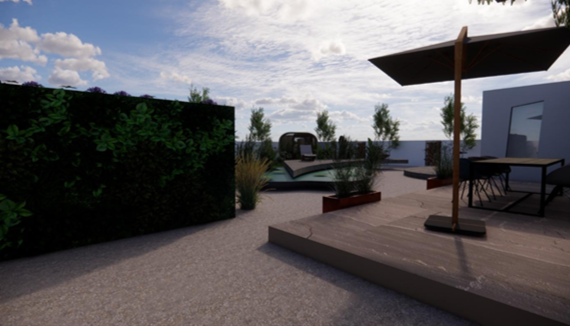 3D Concept - The large expanse of tarmacadam was replaced with gravel and a raised patio, immediately softening the space. 
