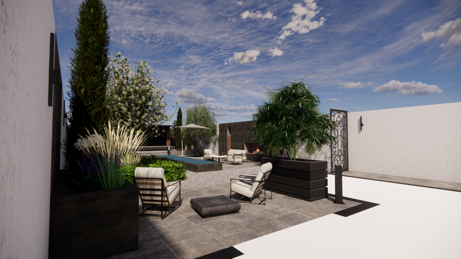 Modern outdoor patio with lounge chairs, a fire pit, plants, and a pool under a blue sky with scattered clouds.