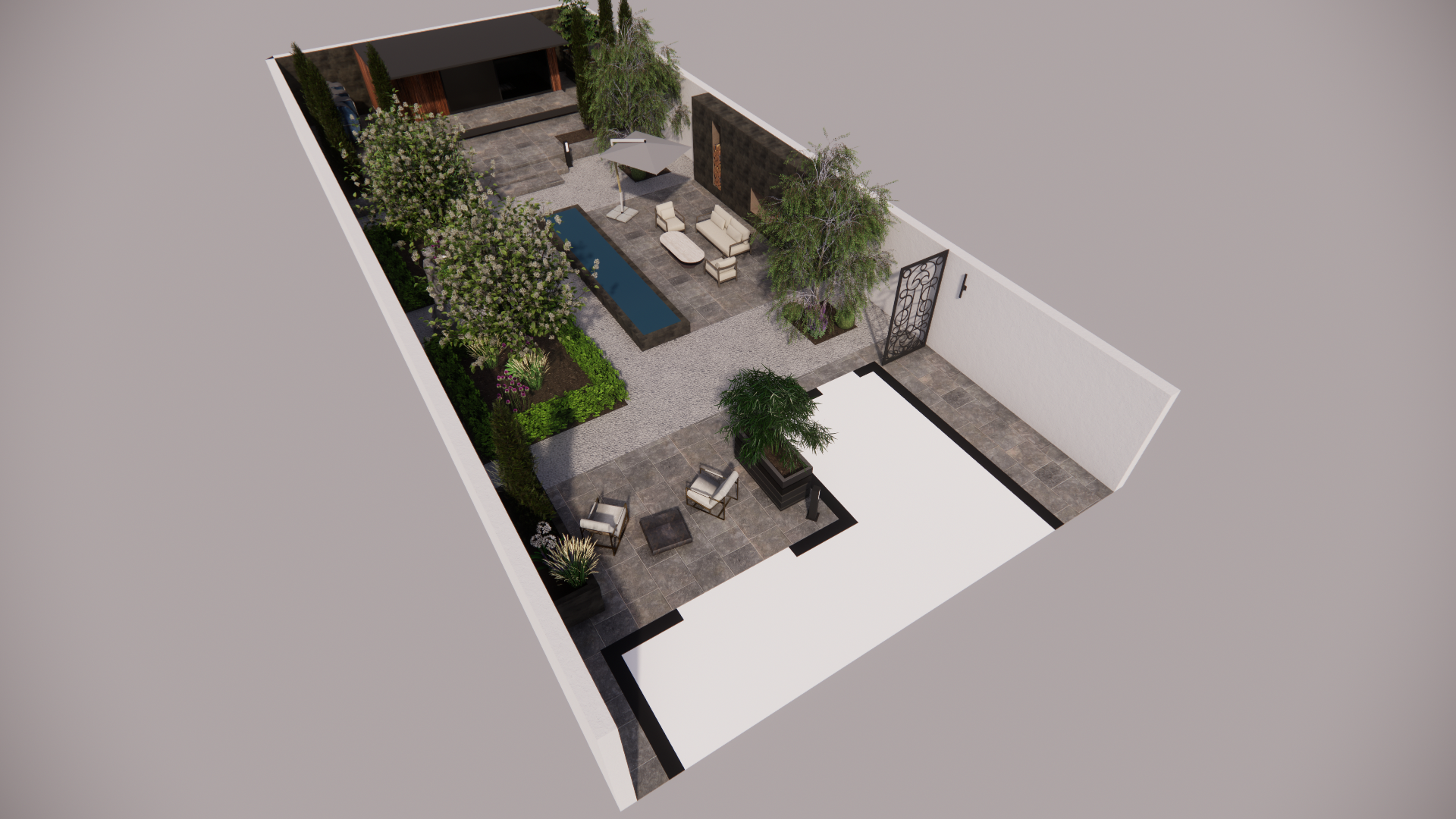 A modern backyard with a patio, a small pool, outdoor seating, trees, and decorative plants.