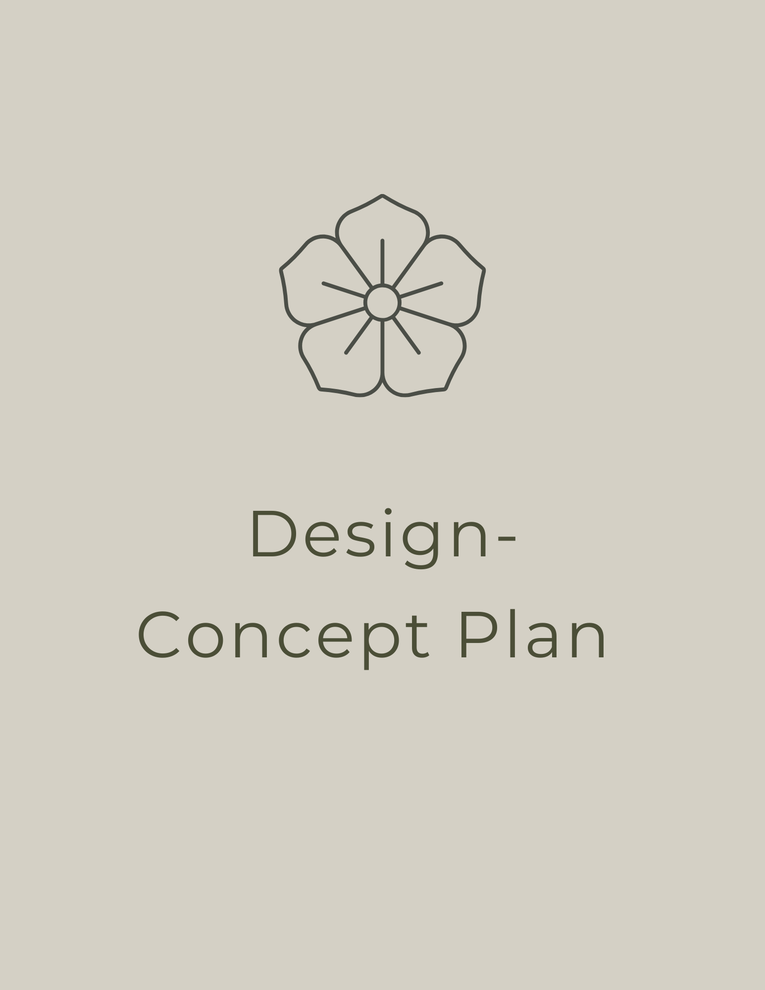 Cover page with a minimalistic flower icon and the text 'Design- Concept Plan' in a simple, modern font on a light gray background.