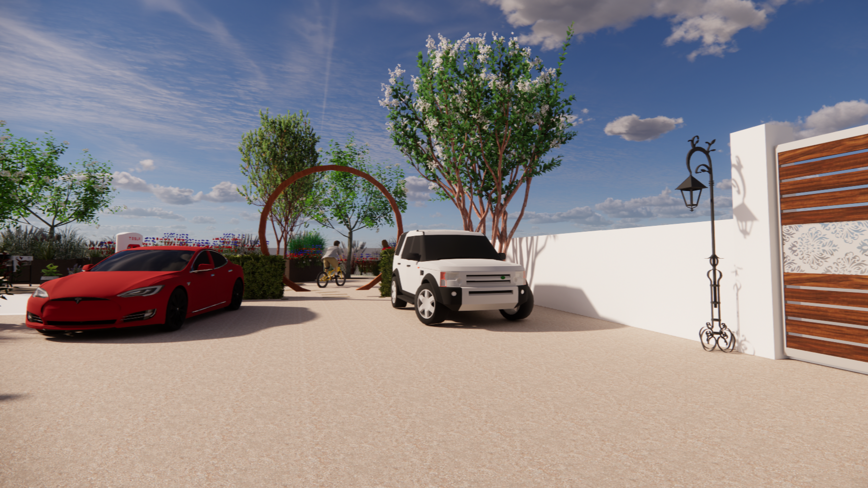 A modern outdoor scene with a red Tesla car and a white compact SUV parked on light-colored pavement, a white wall with a wooden gate, a lamppost, trees, and a person riding a bike under a blue sky with clouds.