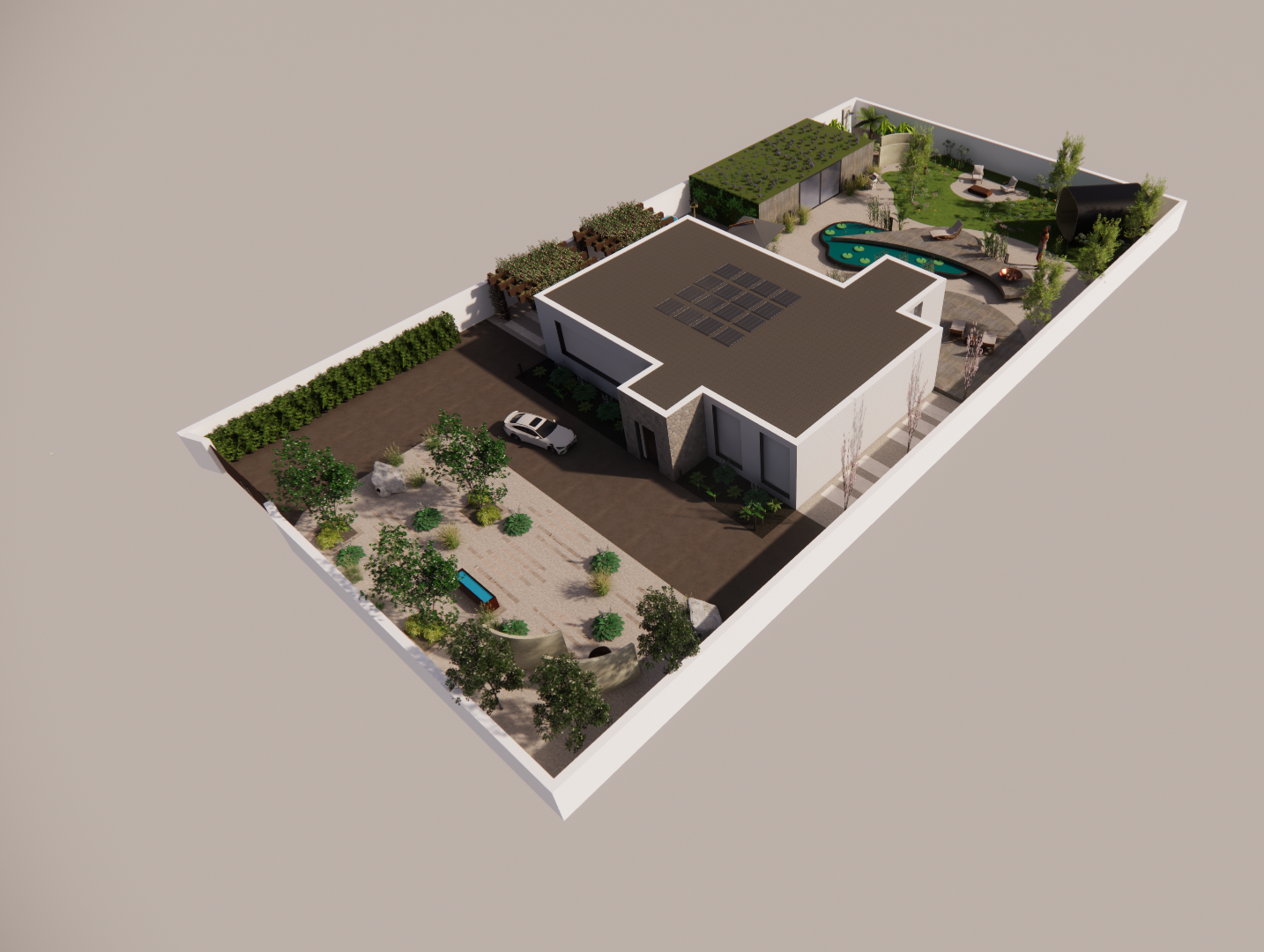 A modern single-story house with solar panels on the roof, a driveway with a parked car, and a landscaped backyard with trees, grass, a pond, seating areas, and outdoor amenities.