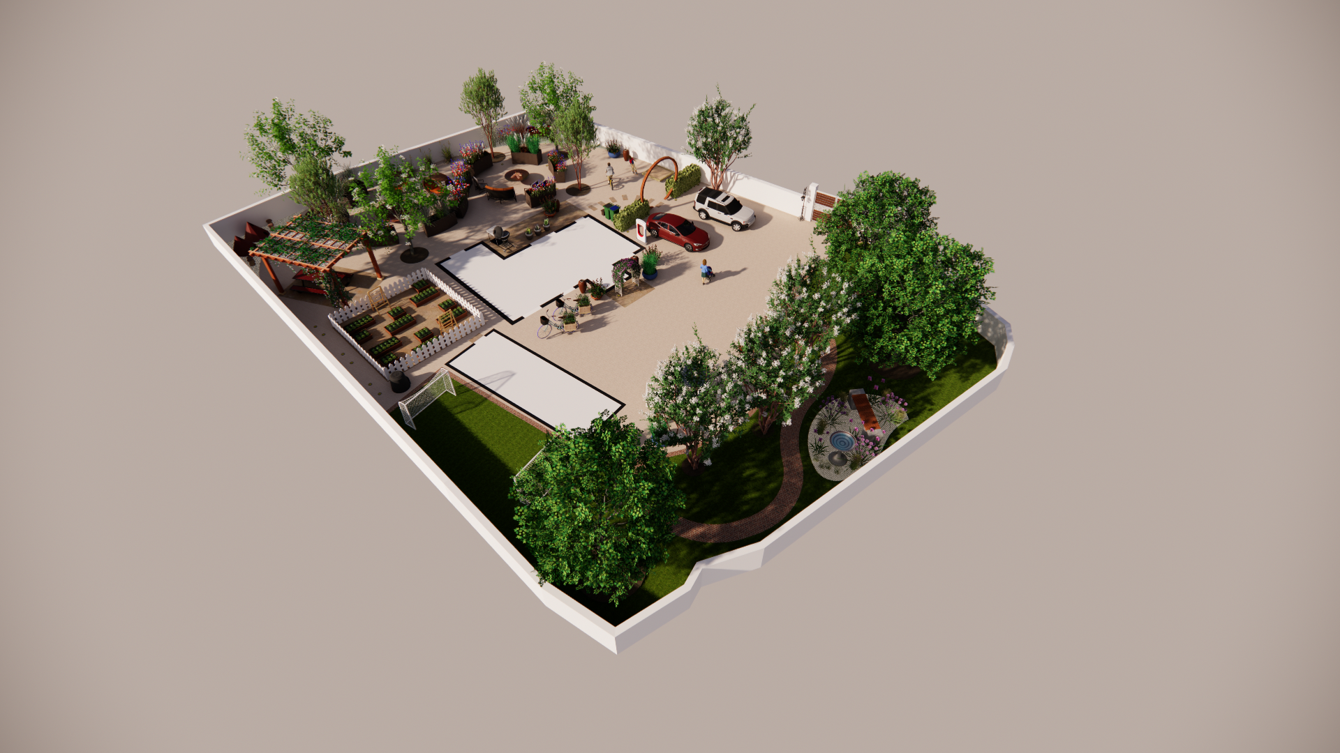 A detailed backyard garden layout featuring trees, a sports goal, a patio with seating and a fire pit, a small lawn, a paved pathway with benches, a parking area with cars, and various decorative elements.