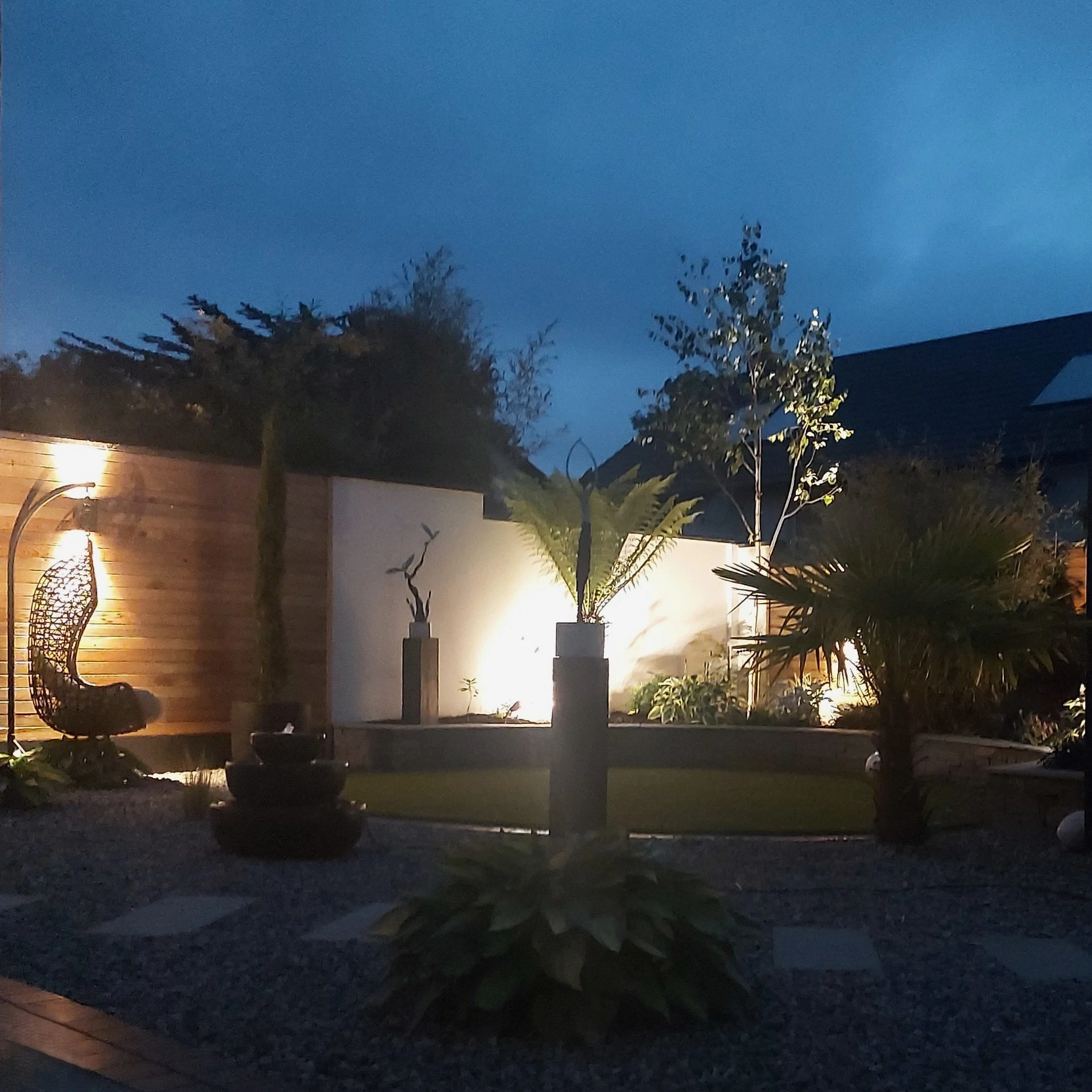 Nighttime outdoor scene with trees, plants, and a small garden area illuminated by outdoor lighting.