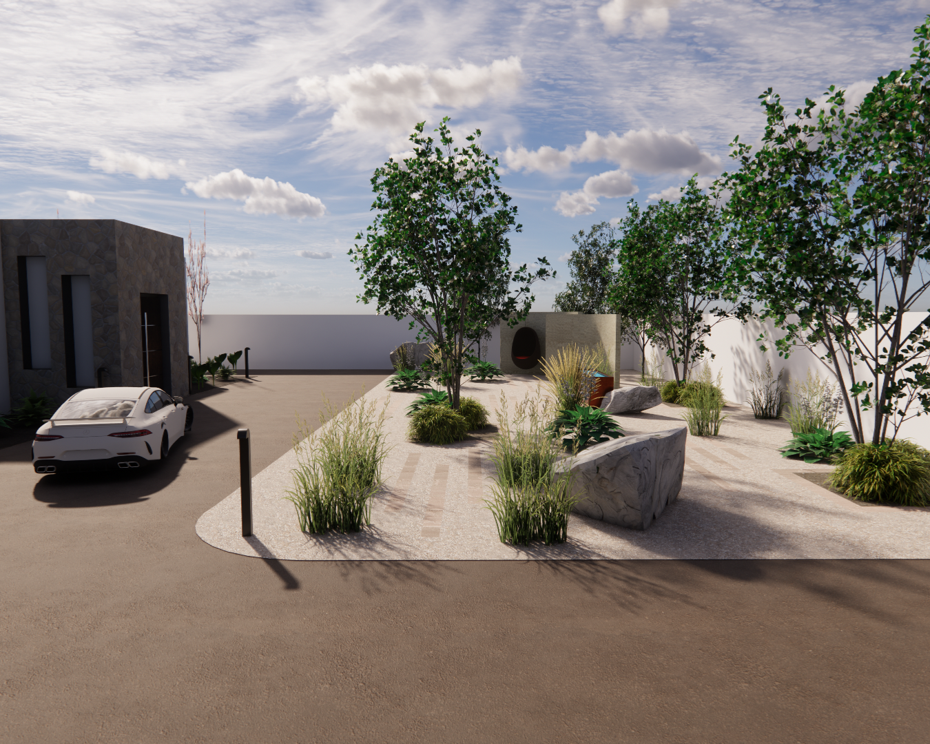 A modern outdoor front garden with deciduous trees, plants, stone boulders and a corten steel water feature.