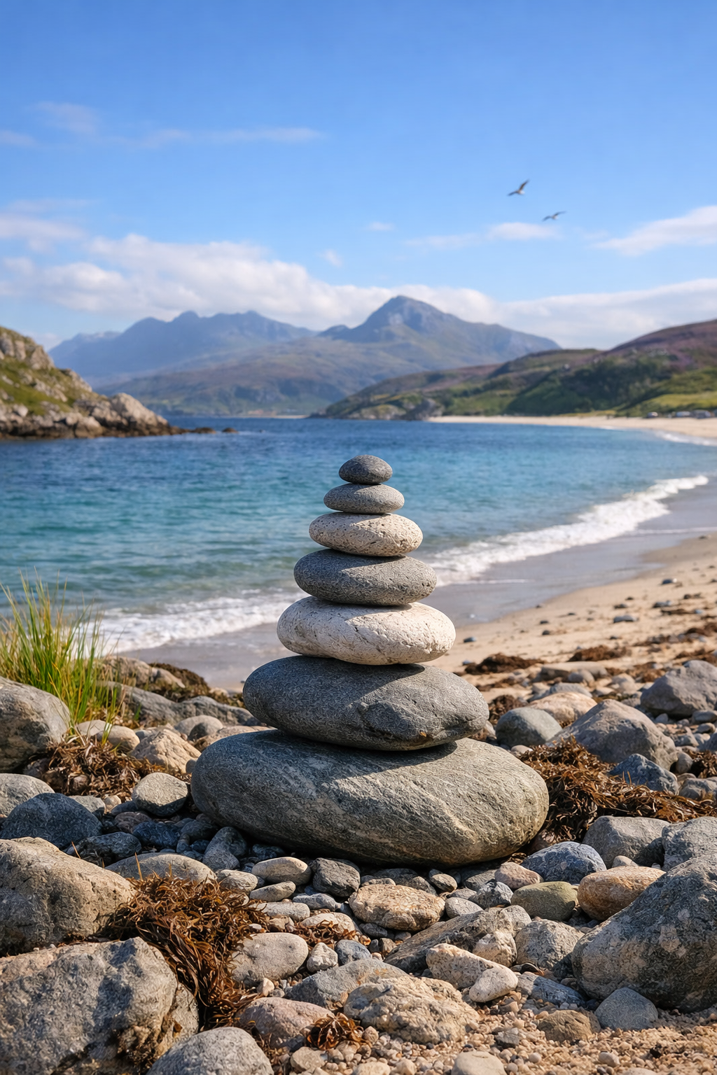 This image on Dara-Emma McGlacken Cognitive Behavioural Therapy and Counselling. It is a peaceful, sunny landscape image. It contains a pile of rocks carefully balanced on top of each other on the shore of a Scottish loch.