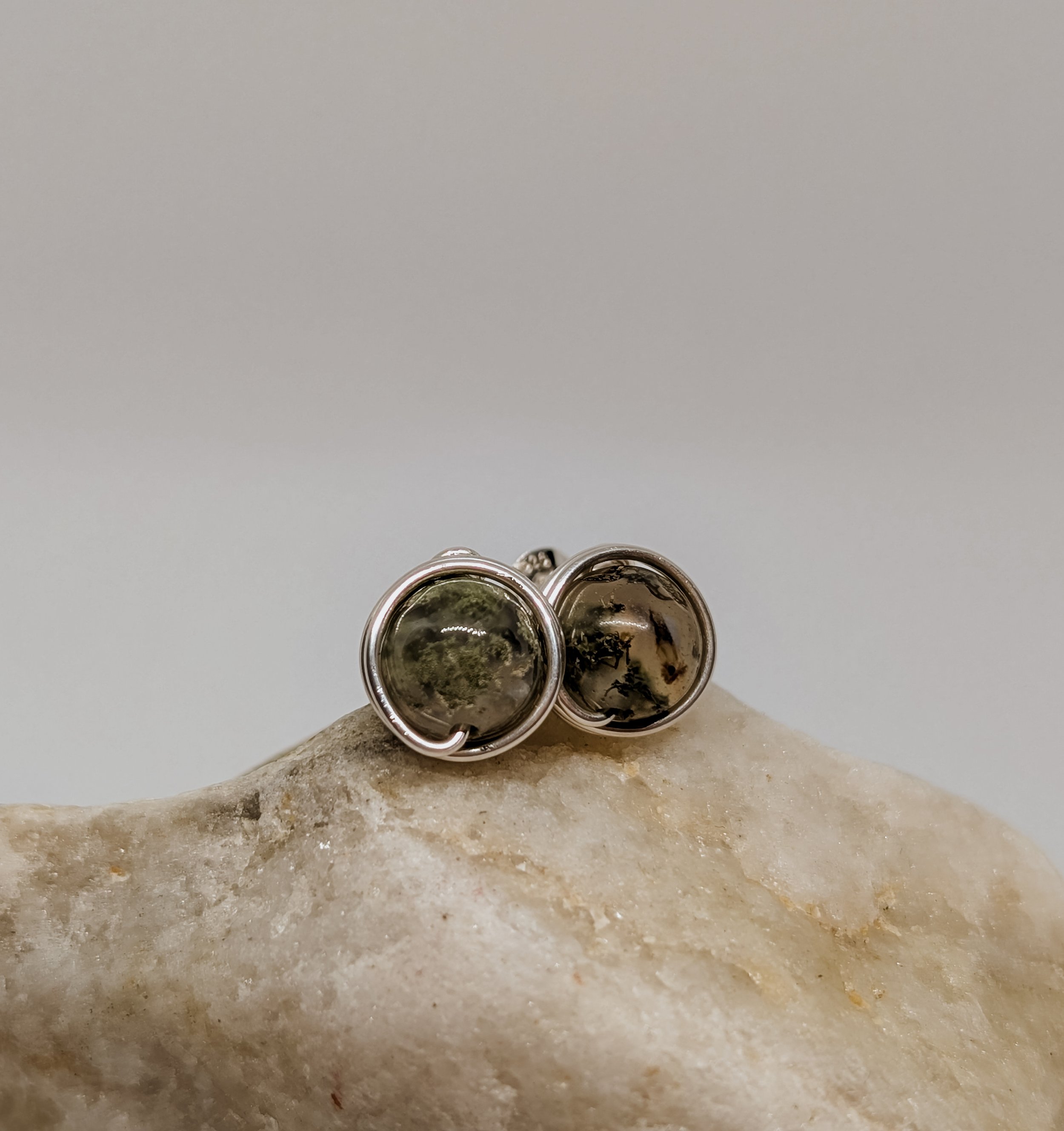 Sterling Silver Wire Wrapped Indian Agate Stud Earrings