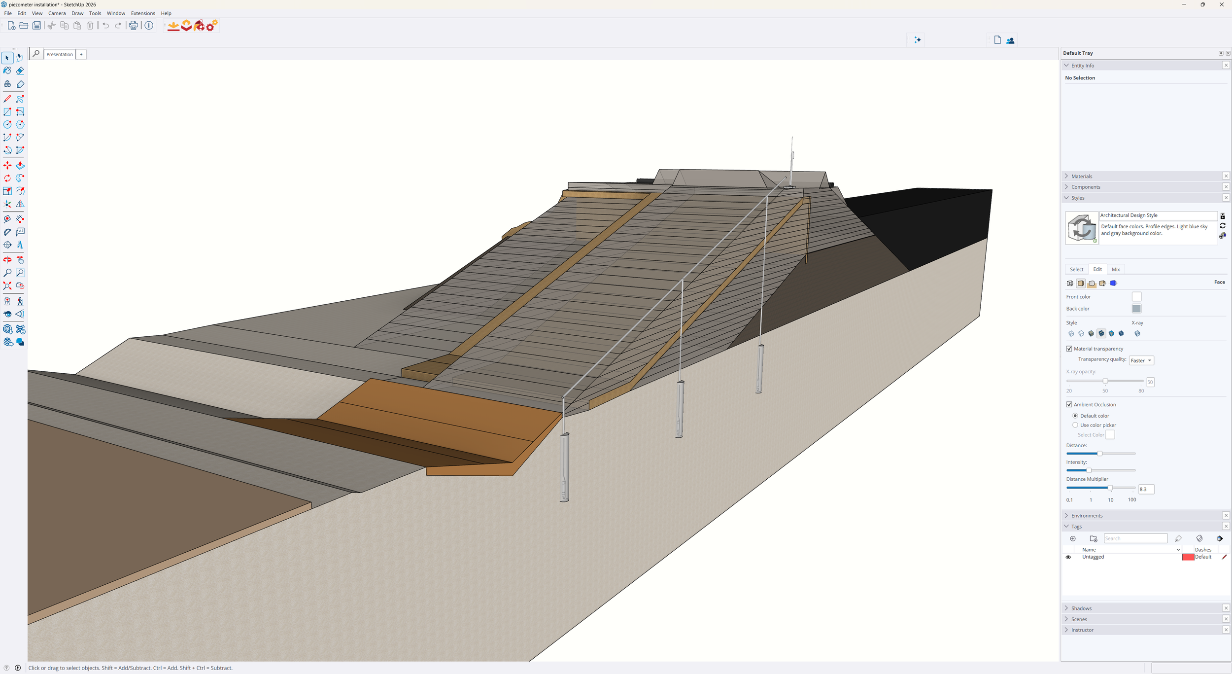 A 3D architectural design of a sloped building roof with terraced levels, supported by poles, and a sidewalk or path at the base. The design is rendered in muted tones with visible construction details.