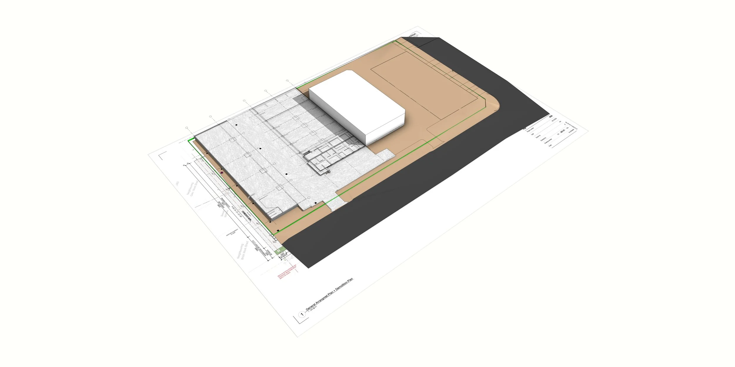 Architectural site plan with a building model placed on top, showing layout and design details.