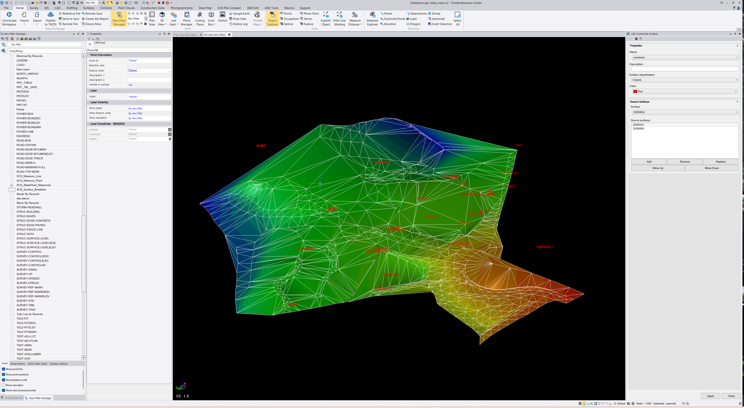 3D topographical map with colored elevation zones and red labels indicating various points and features, displayed on computer screen with interface showing layers and properties.