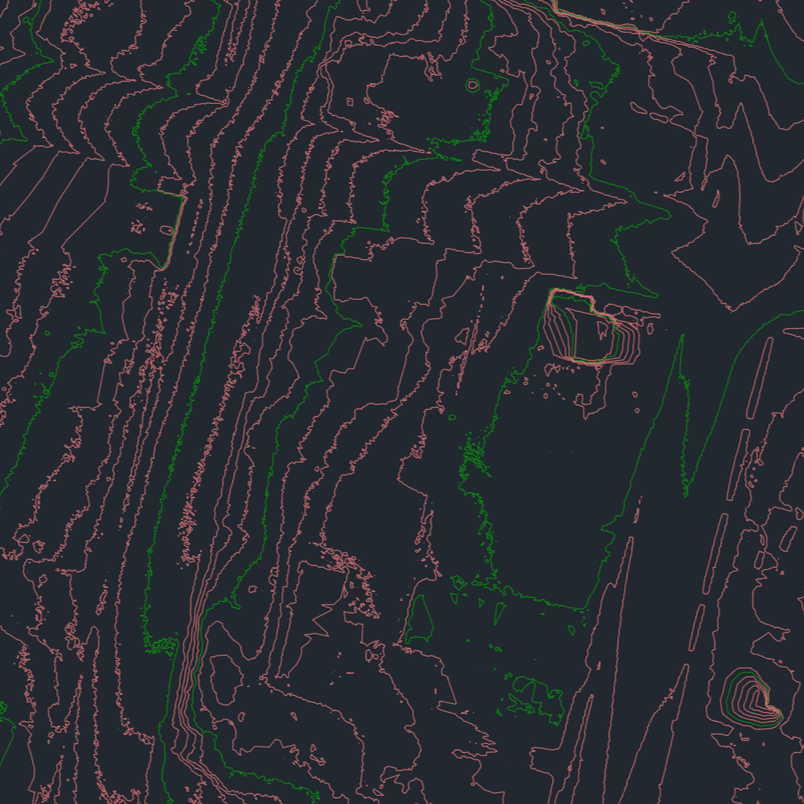 Abstract topographic map with contour lines in pink and green on a dark background.