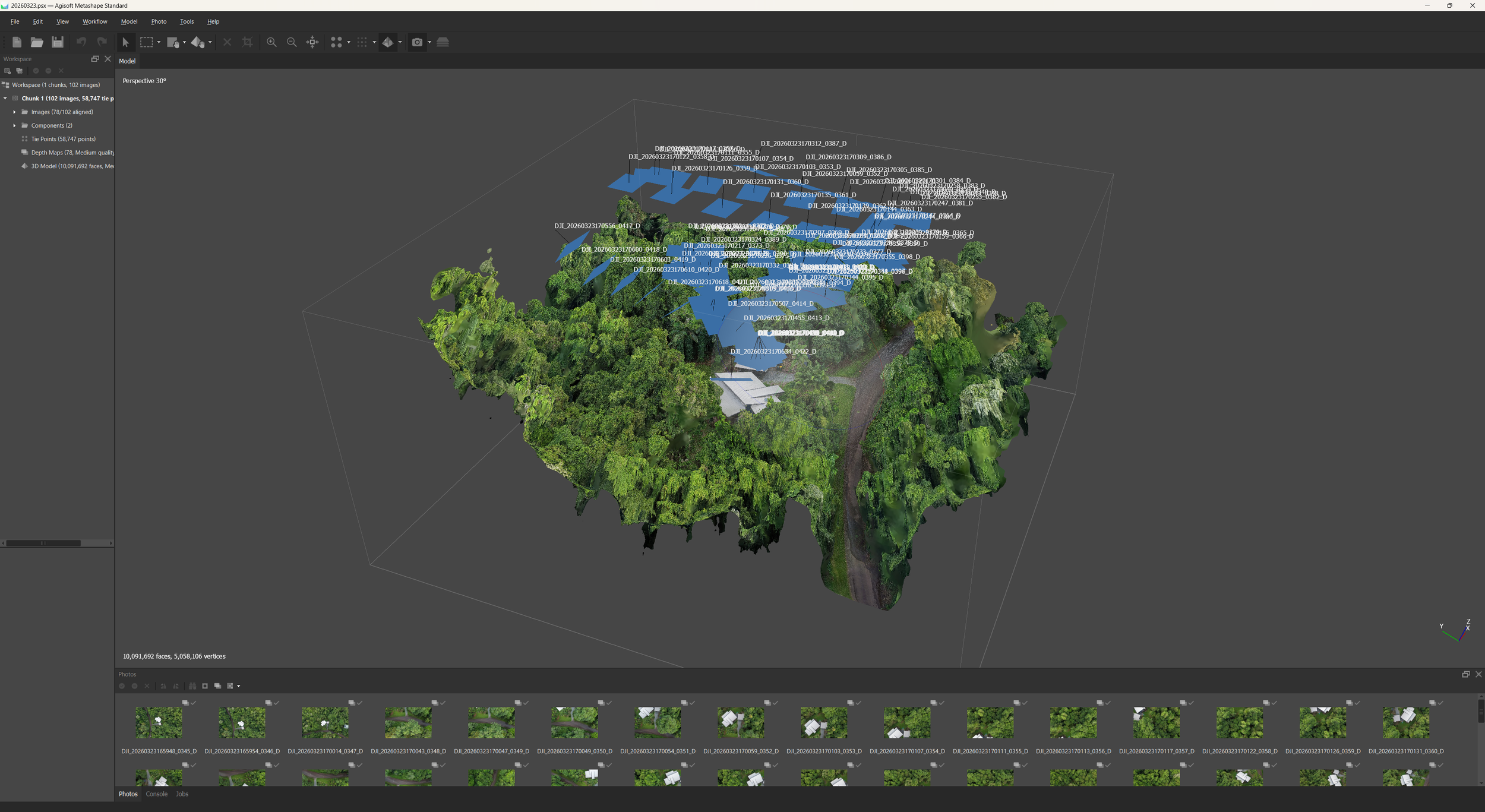 A 3D model of a house surrounded by dense green trees with cameras and data annotations overlaying the scene in a 3D modeling software.