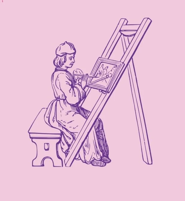 A line drawing of a woman painting on an easel, sitting on a bench, against a pink background.