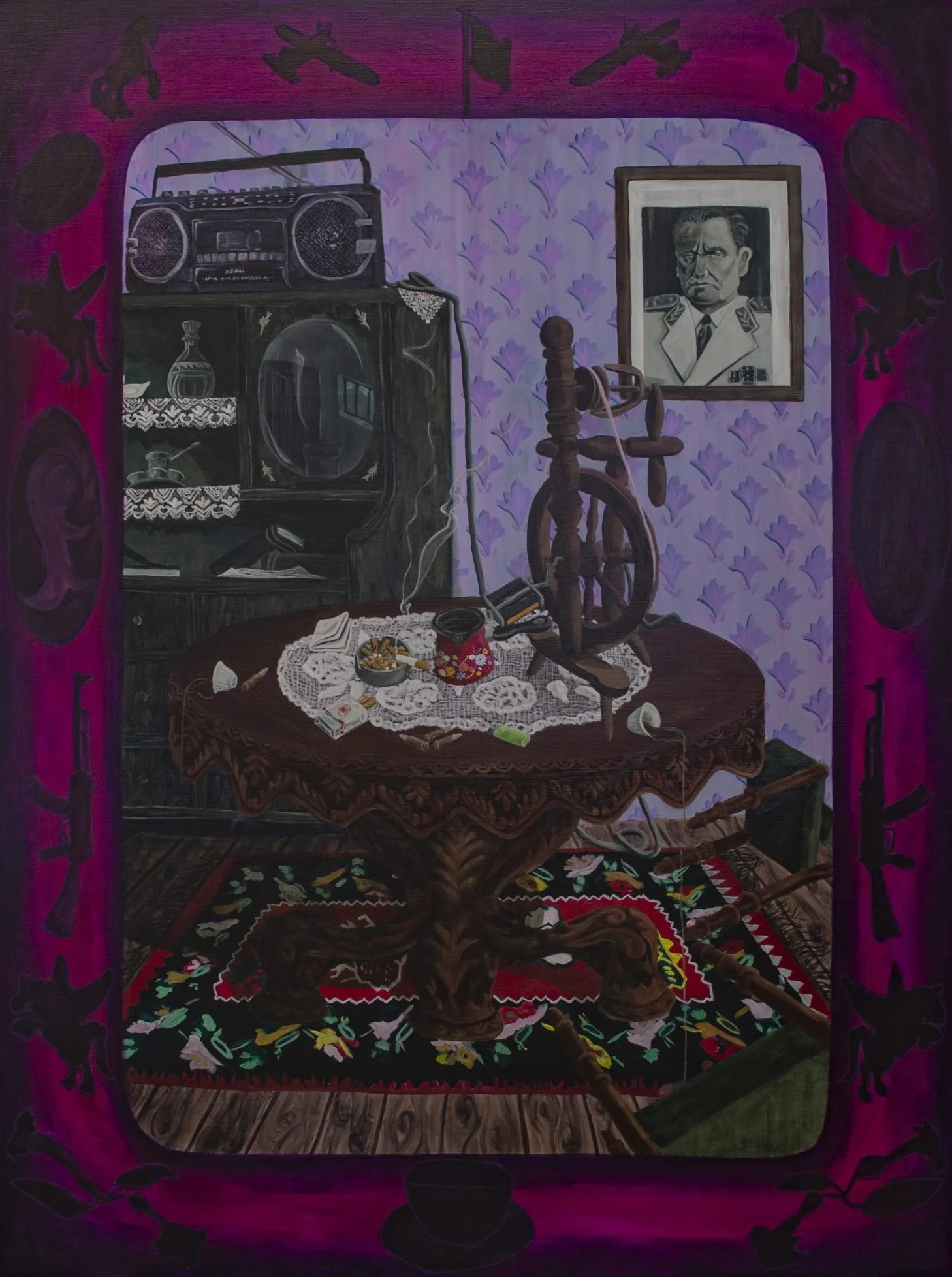 A dimly lit room with purple wallpaper, a framed portrait of a serious man in a military uniform on the wall, a dark wooden spinning wheel, a table with a lace tablecloth, smoking a cigarette, and scattered objects including a bowl with items, a lighter, and paper, all in a moody, vintage style.