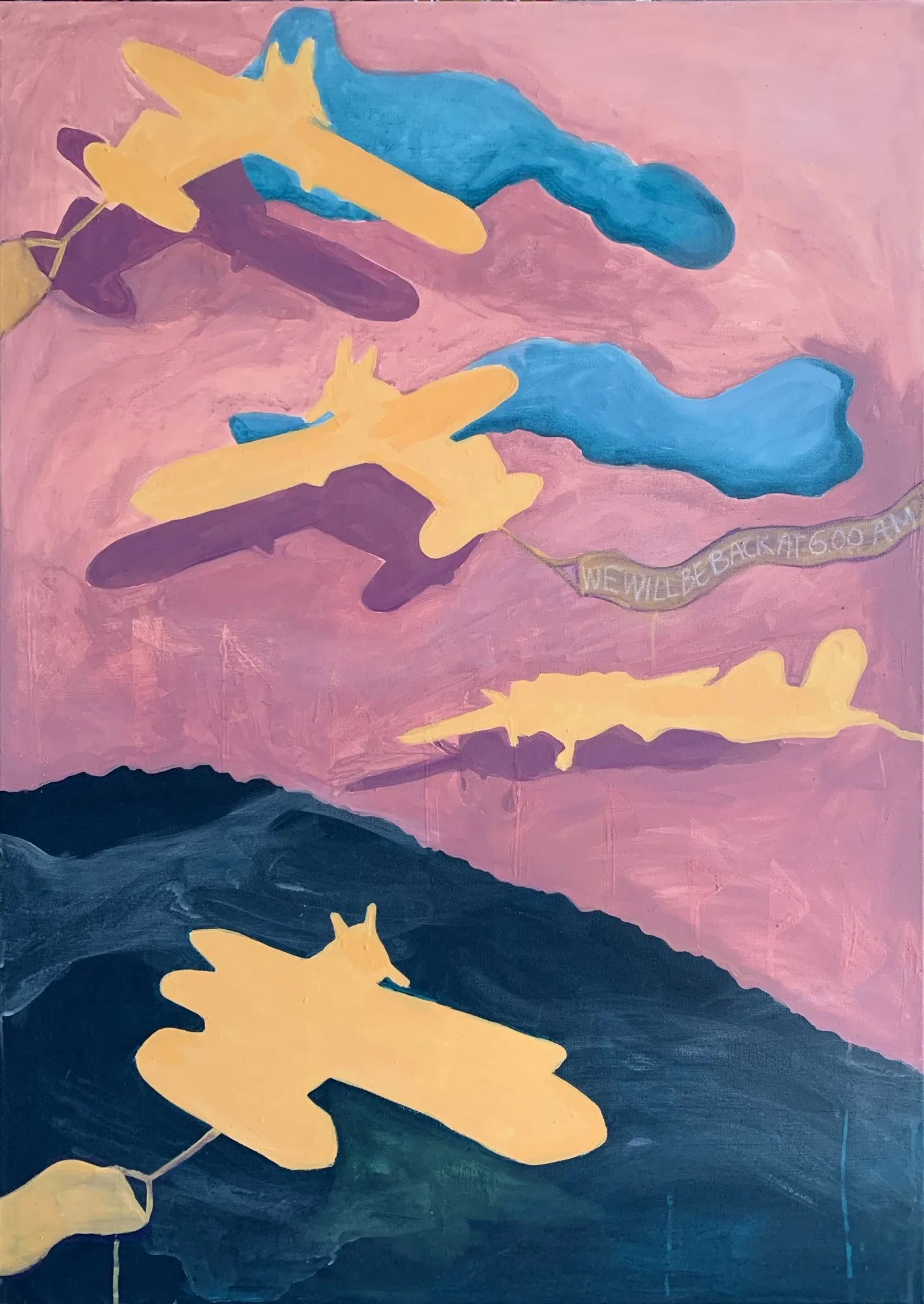 An abstract painting featuring yellow and blue ginkgo leaves on a pink and dark blue background with a quote on a ribbon that reads 'We will be back at 6:00 am'.