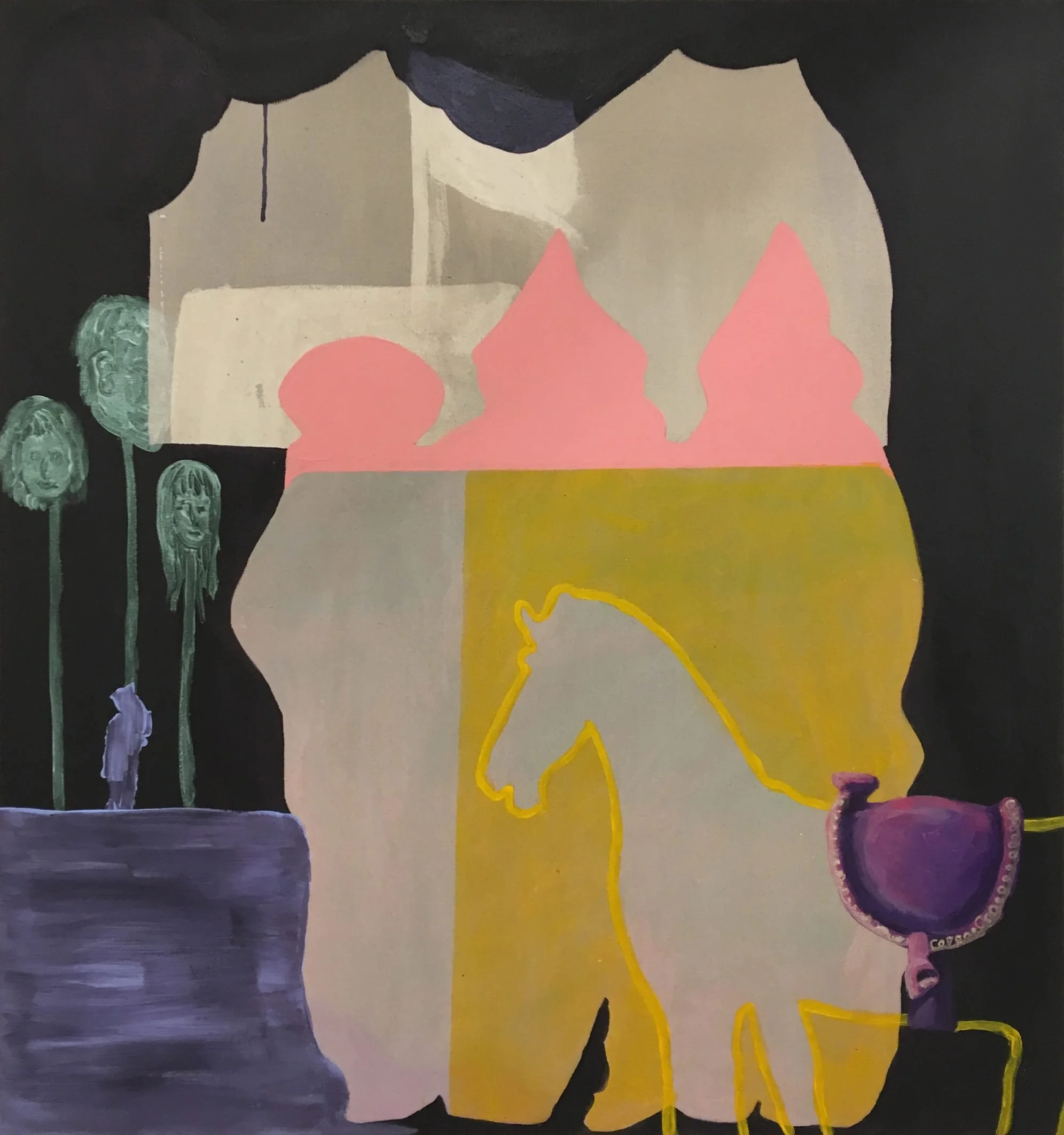 Colorful abstract painting of a cat with a yellow outline, pink ears, and purple nose on a dark background, with other abstract shapes and patterns.