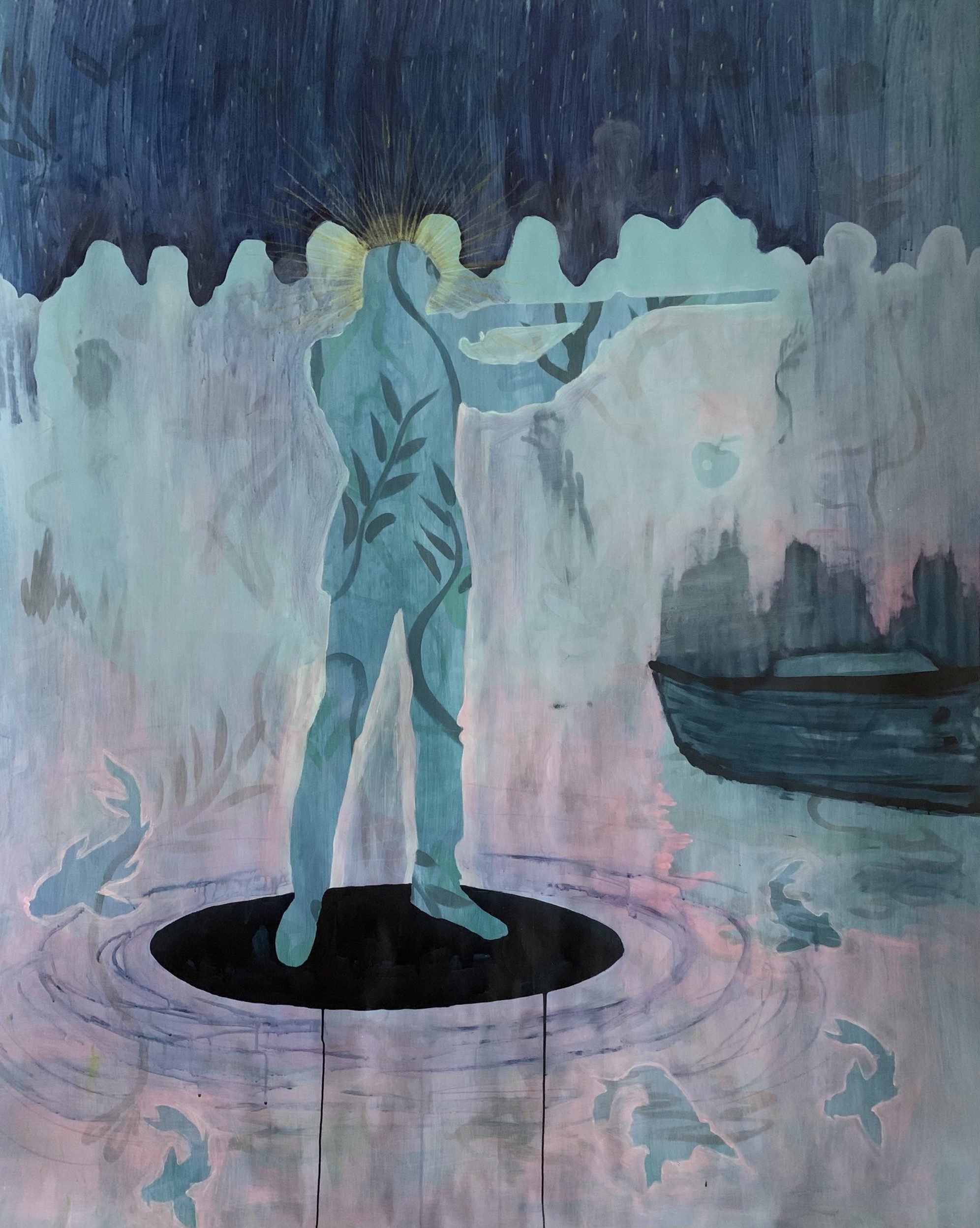 An abstract painting featuring a large black boat, a silhouette of a person on a boat, and a woman with a long dress and a hat on the water with a smaller boat nearby. The background has a sky with shades of pink, blue, and purple, and some trees and landforms are faintly visible.