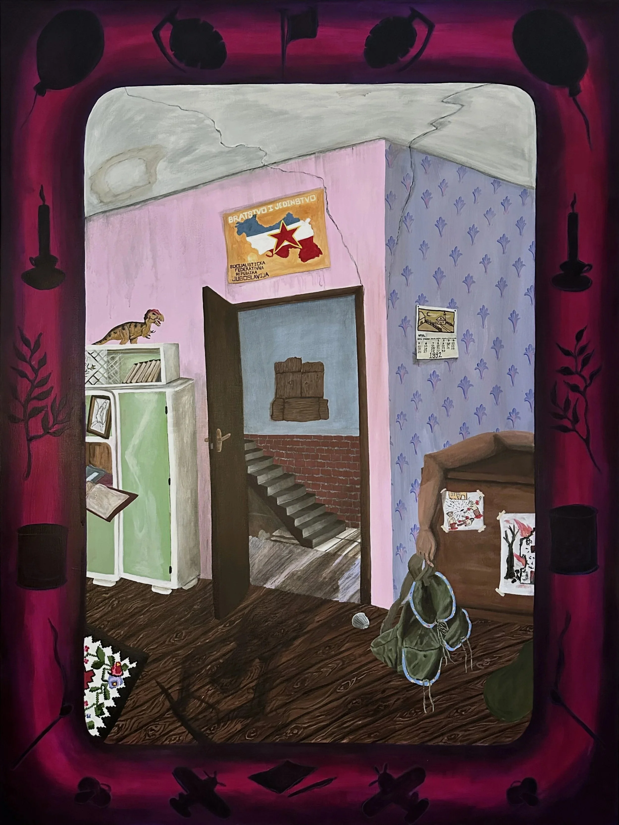 A room with pink and blue wallpaper, a staircase, a calendar on the wall, a cabinet, a stuffed animal on top of the cabinet, a bag on the floor, some papers on the wall, and black balloons hanging from the ceiling, viewed through a window with a pink frame with silhouettes of rabbits.
