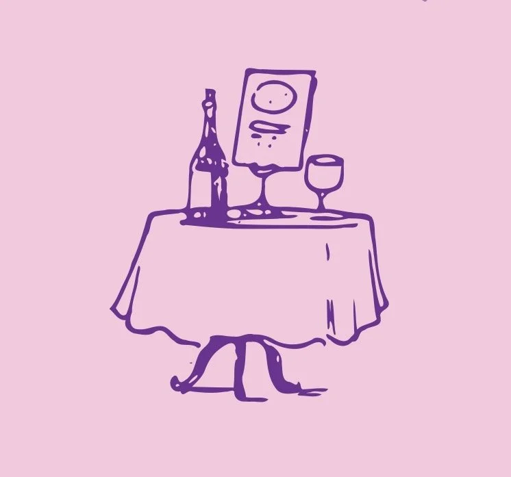 Illustration of a table with a bottle, a glass of wine, and a framed picture, with human legs visible from under the table on a pink background.