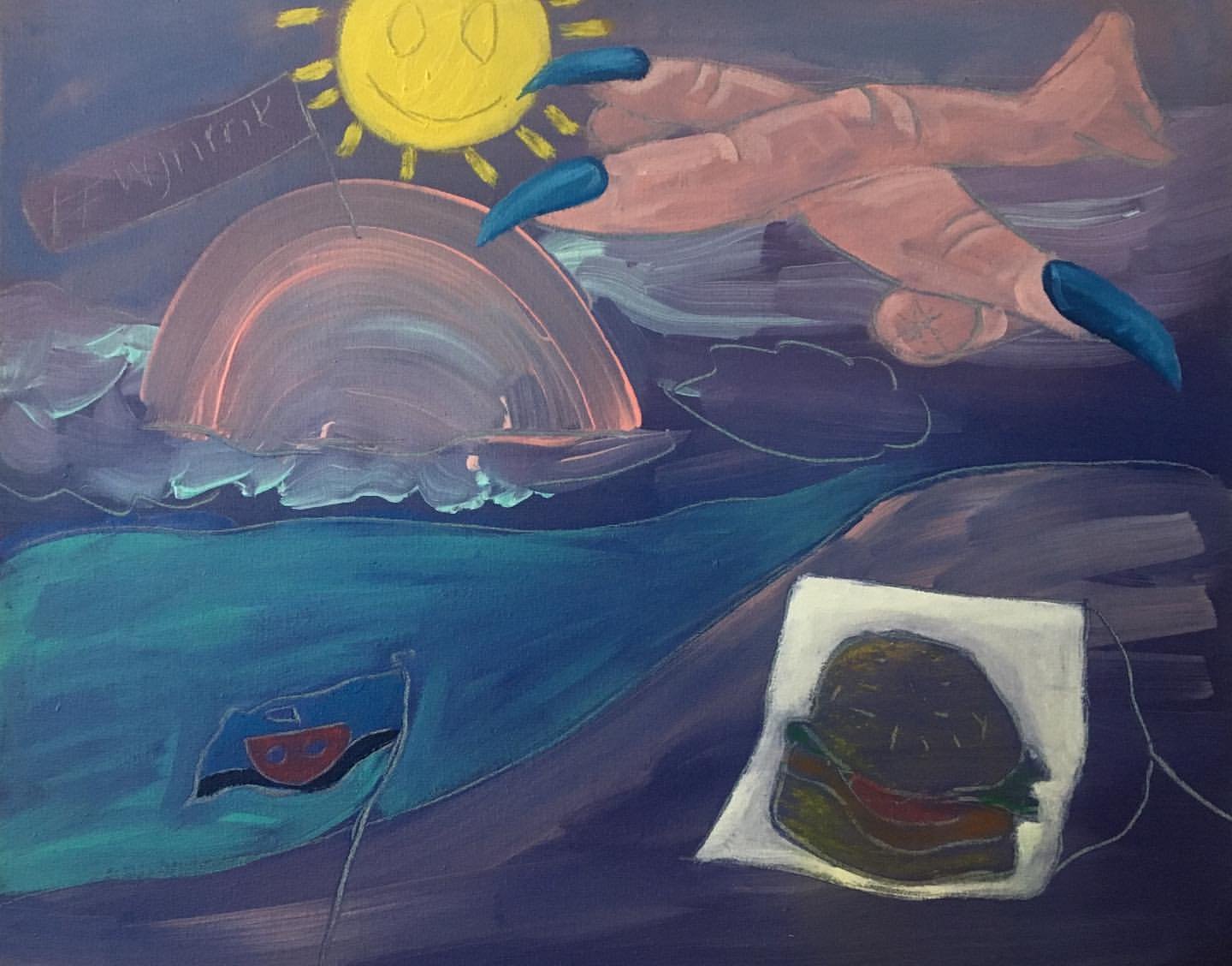 Colorful abstract painting with a smiling sun, rainbow, wave-like blue and purple shapes, a face on a blue shape, and a yellow and brown object inside a white rectangle.