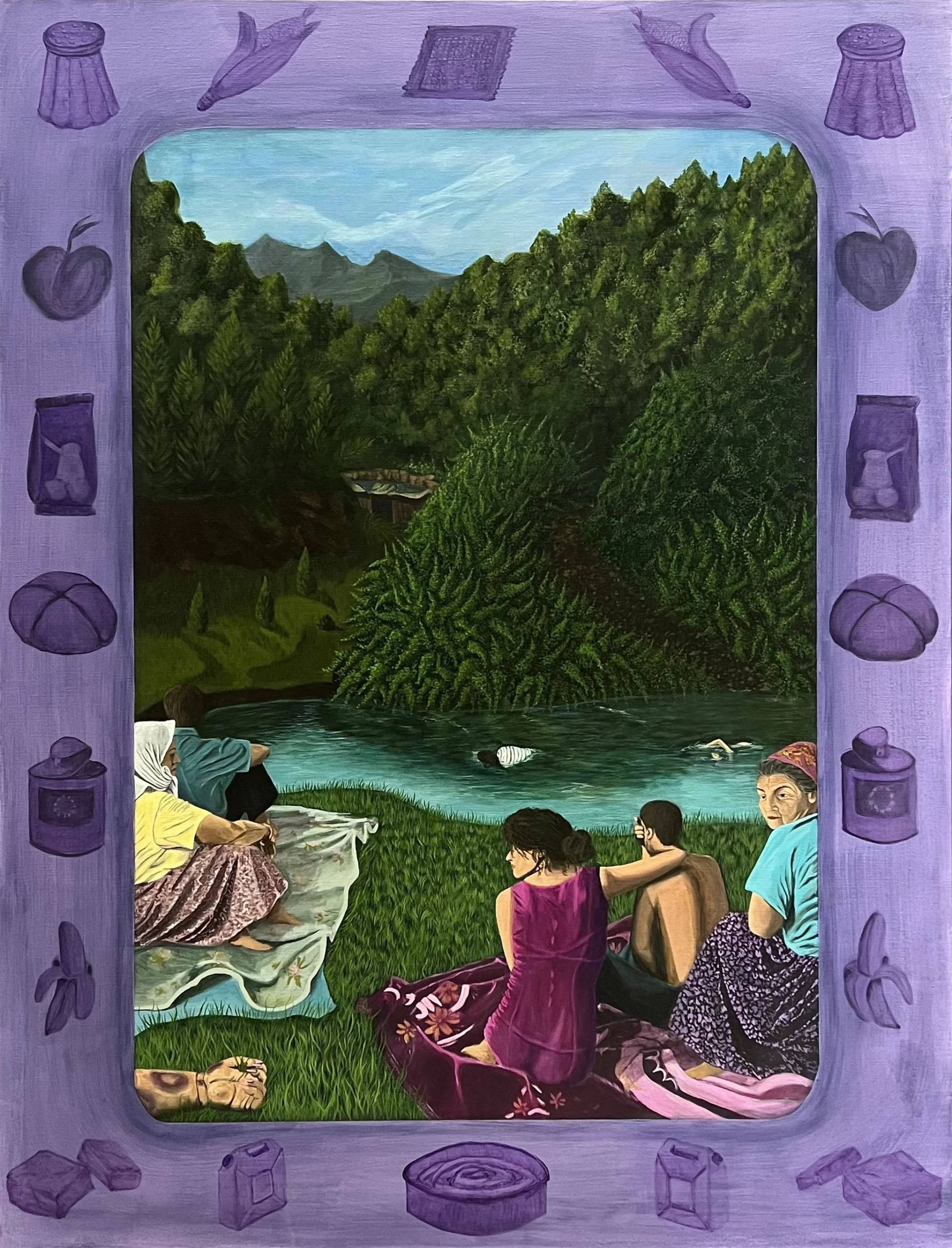 A painting depicting people sitting on green grass around a pond with a forest and mountains in the background. The scene is framed by a purple border decorated with various purple objects such as jars, apples, and other shapes.
