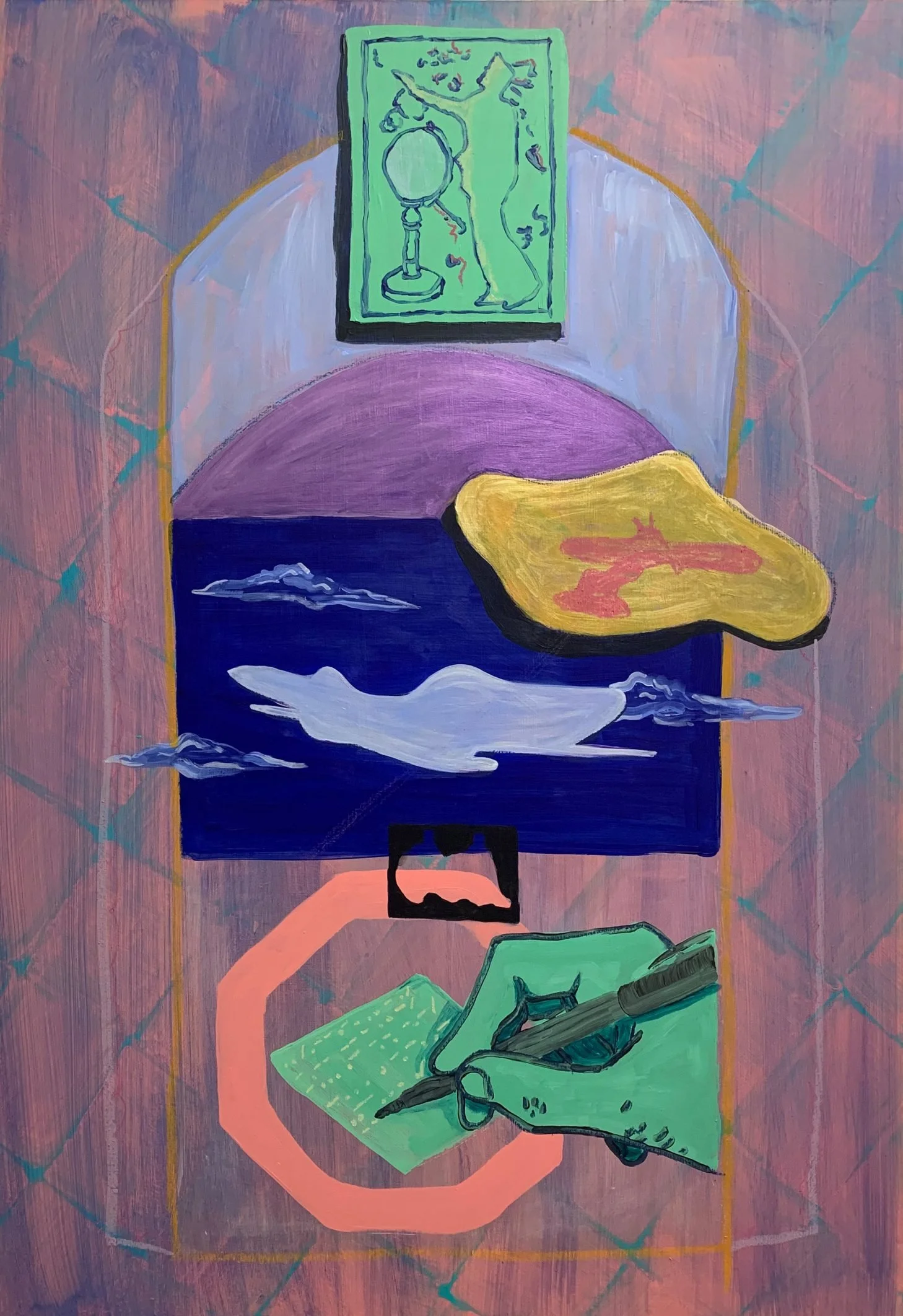 A colorful abstract painting with various shapes and symbols, including a green rectangle with a sketch of a martini glass, a large purple shape resembling an eye or an oval, a yellow shape with a red gun, a blue tiger, and other pink, green, and blue geometric patterns.