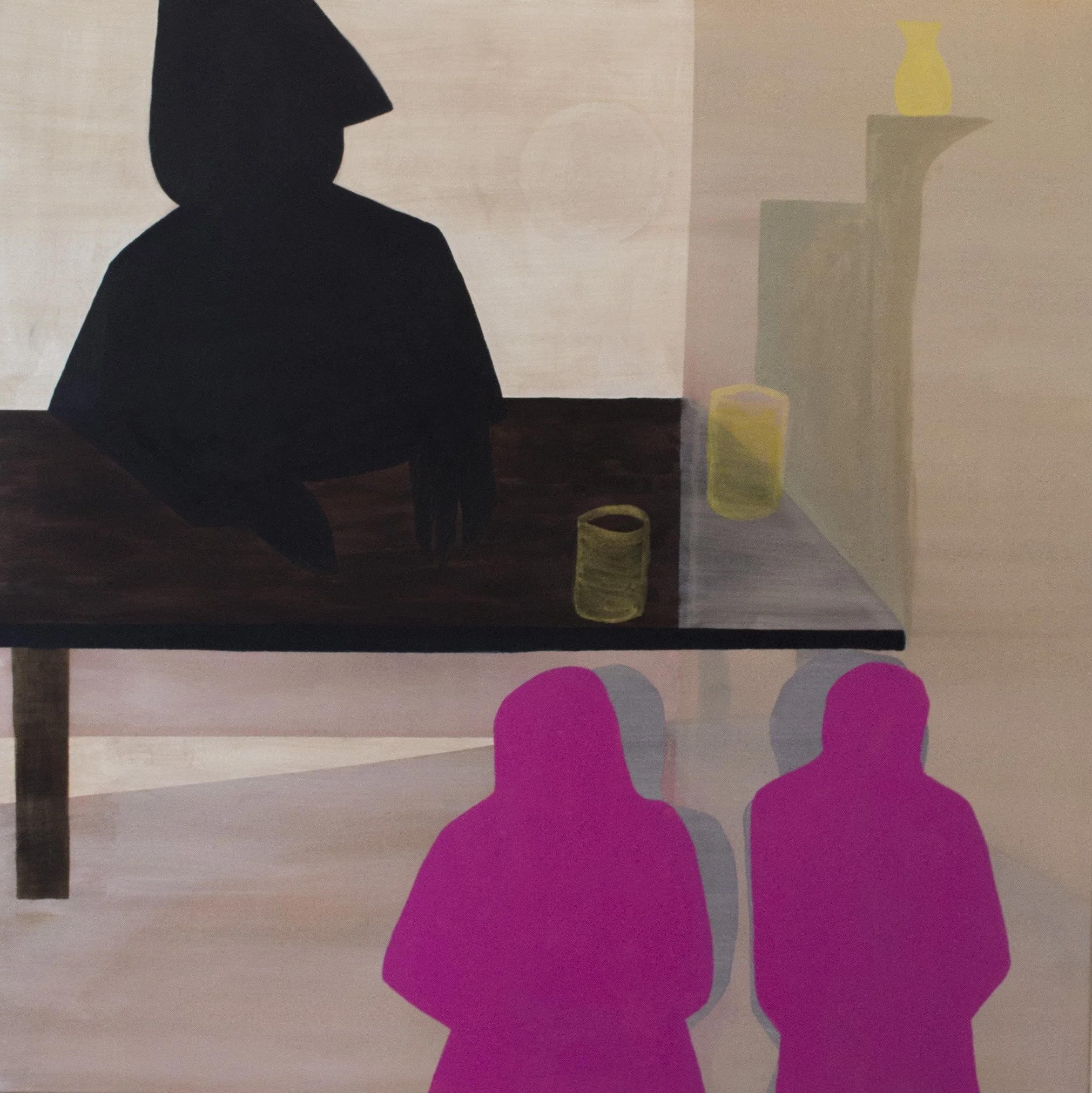 Silhouette of a person standing in front of a light-colored wall with abstract shapes and a yellow vase on a corner shelf.