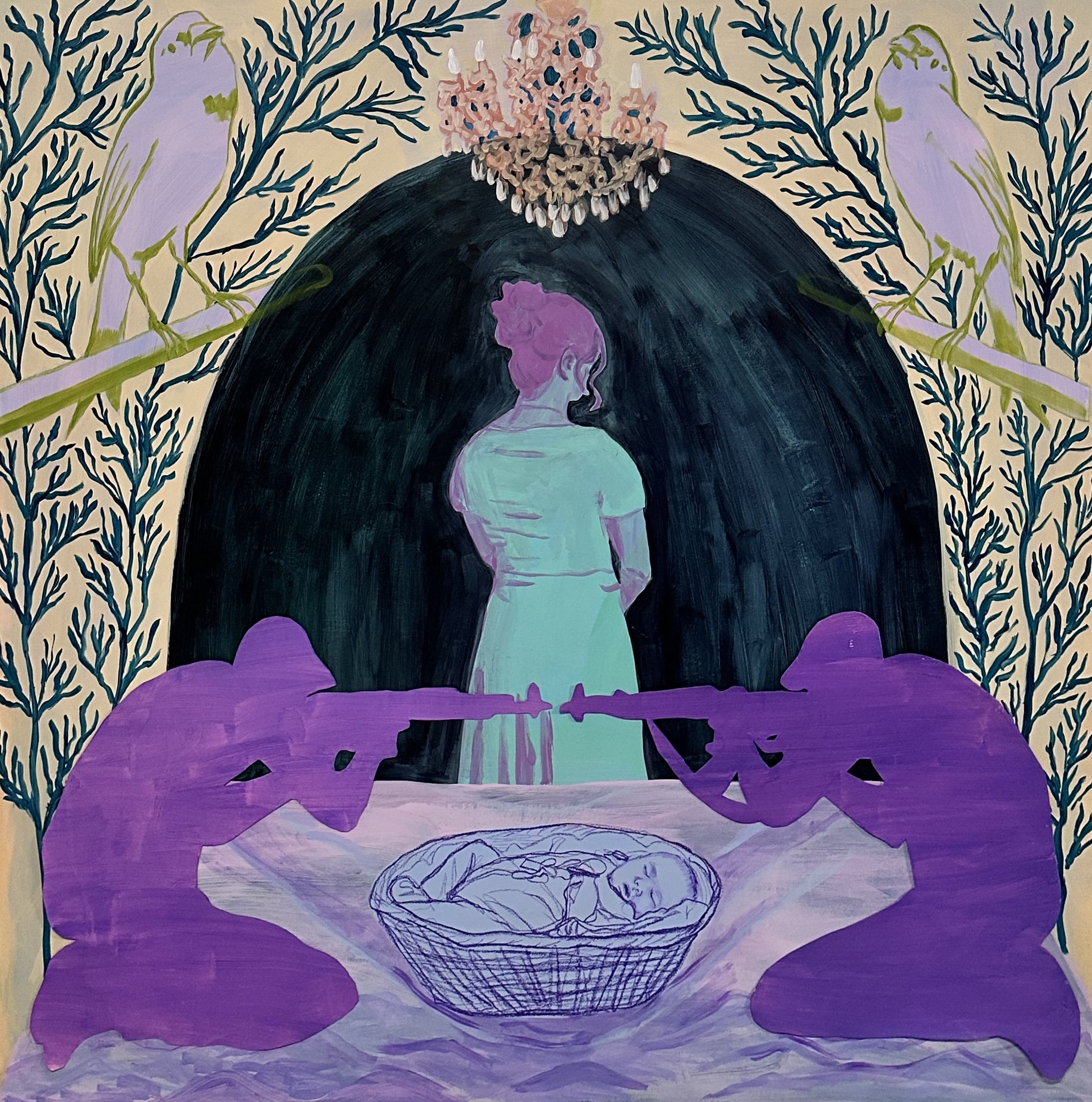An abstract painting of a woman with pinkish-purple hair, standing inside a dark circular space, surrounded by purple and violet waters, with an arched dark structure and tree-like branches around her, some with pink blossoms and others with dark foliage.