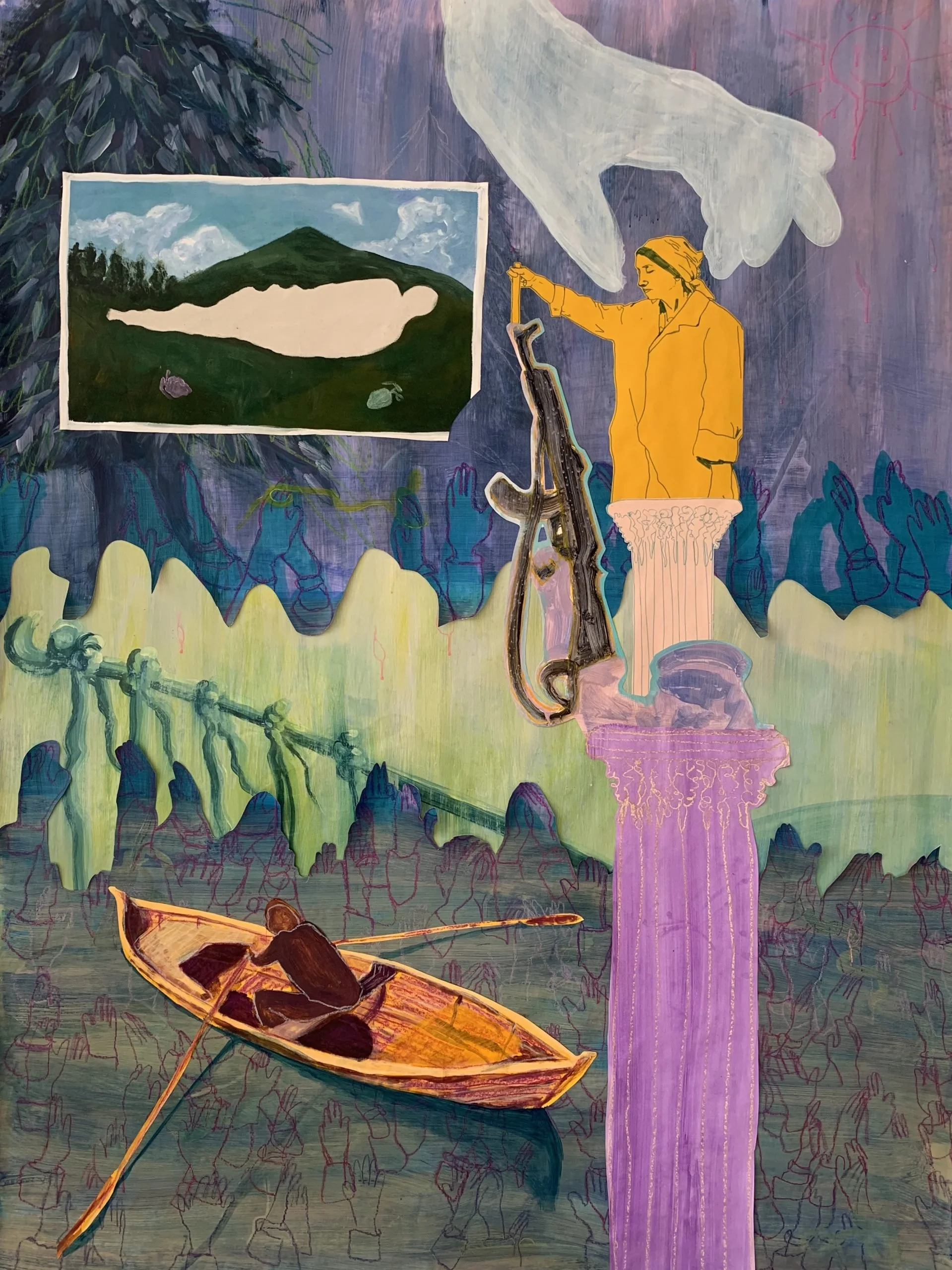 A mixed-media artwork featuring a landscape with a mountain, clouds, and trees, alongside artistic elements including a woman in orange on a purple column, a large white hand, a butterfly in a small boat, and abstract background patterns.