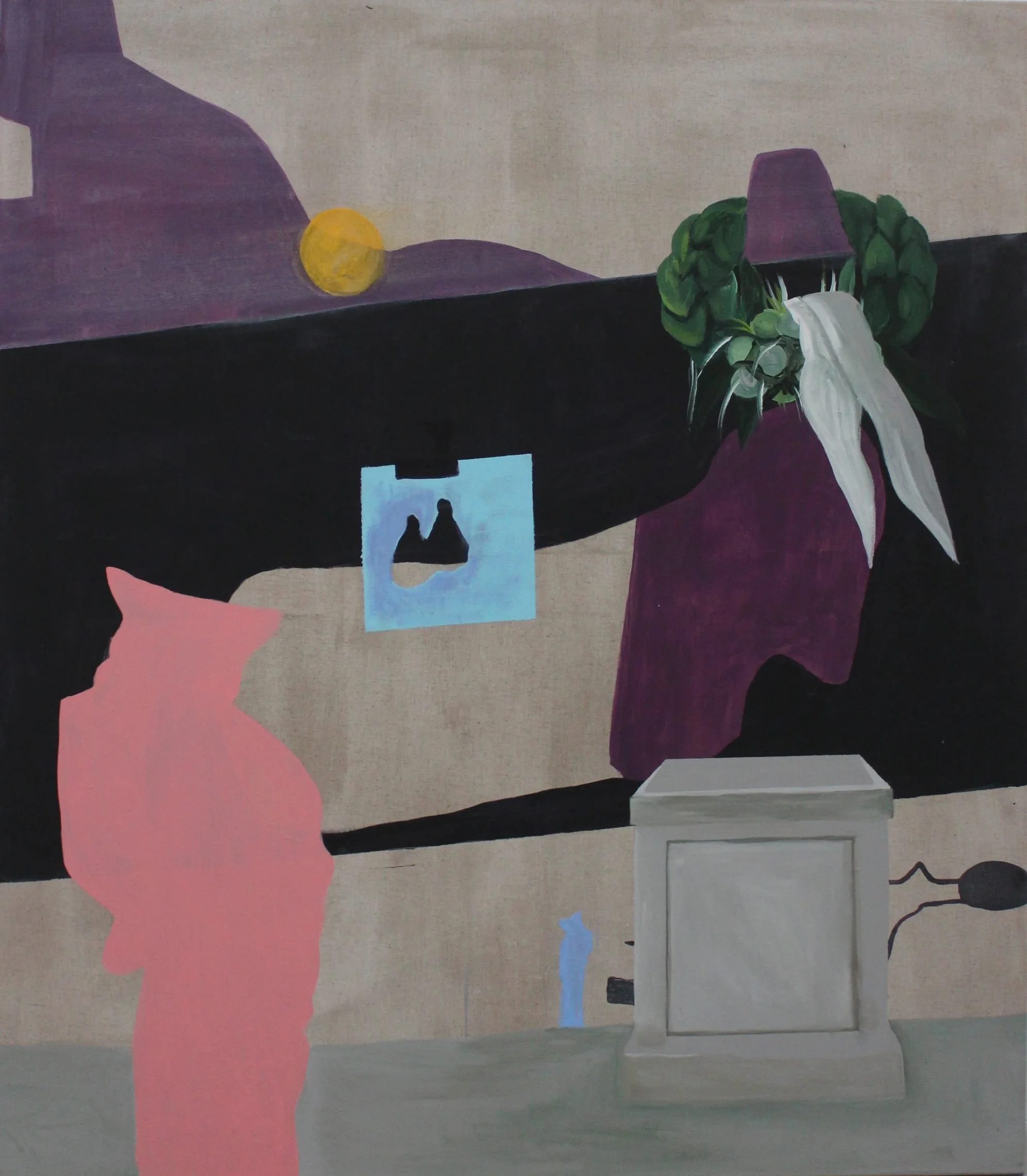 An indoor scene with layered paper cutouts of a person's profile in pink, a yellow sun, a silhouette of a castle, a set of stairs, a potted plant, a white box, and a window with shadowed silhouettes of trees outside.