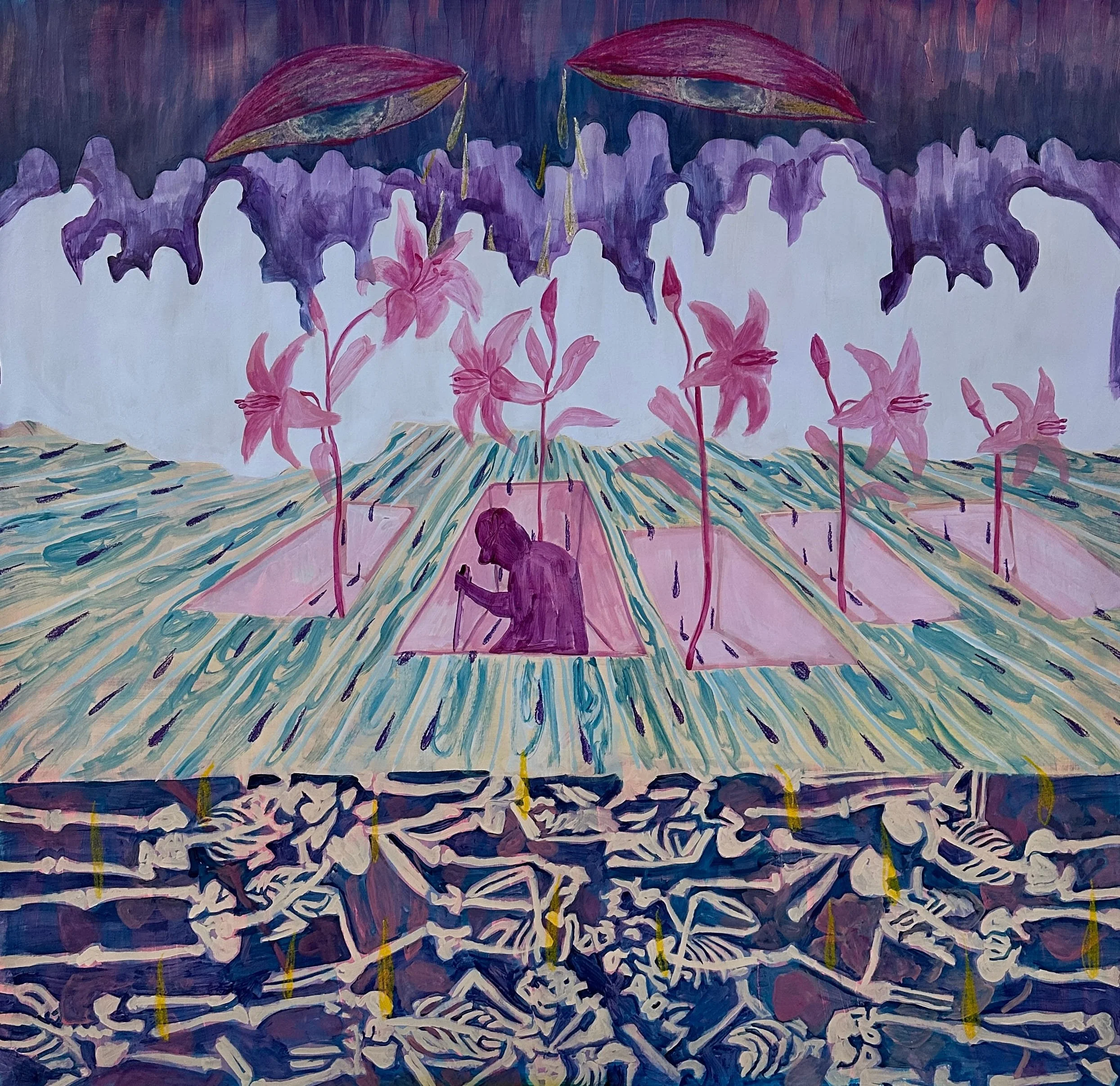 A colorful abstract painting with purple, pink, blue, and dark hues, featuring flowers at the bottom and large umbrellas at the top.