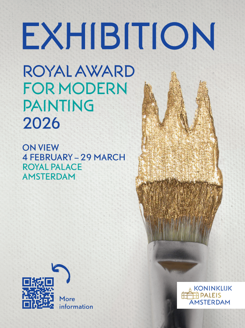 Poster for the 2026 Modern Painting Exhibition at Royal Palace Amsterdam, featuring a paintbrush with gold paint, showing exhibition dates from February 4 to March 29, with QR code and logo for Koninklijk Paleis Amsterdam.