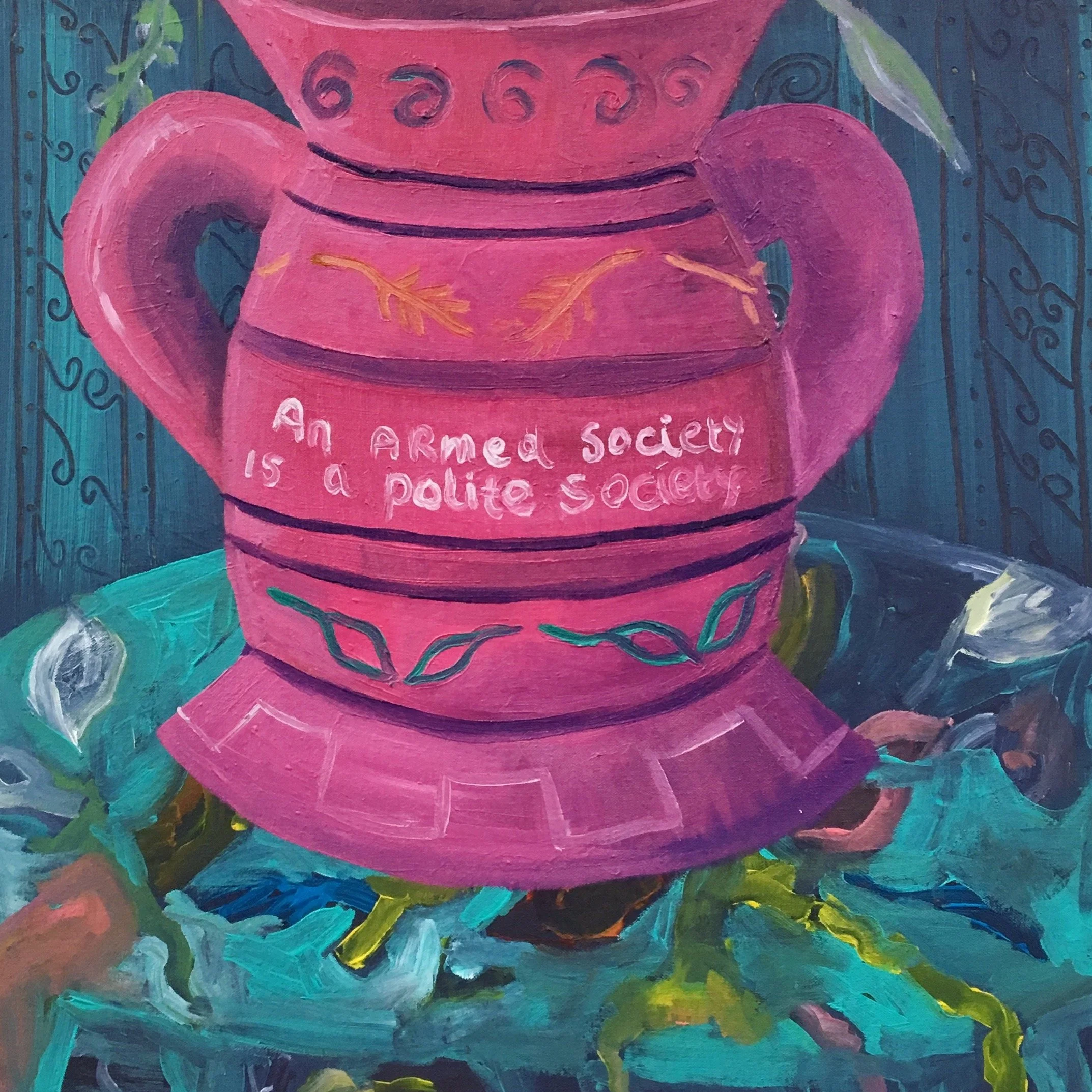 Painting of a pink coffee mug with a quote about armed society, depicted with vibrant colors and expressive brushstrokes.