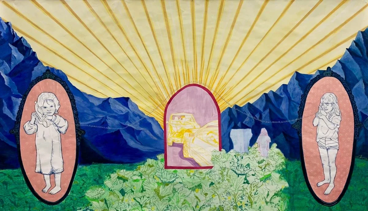 Colorful mural depicting mountains, a yellow sun with rays, and two children in oval frames on either side, with a yellow vehicle in an arched window, surrounded by green plants.