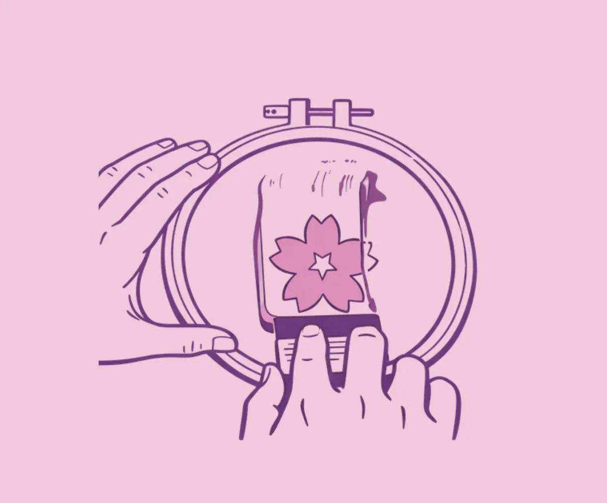 An illustration of a person using a sewing machine to stitch a piece of fabric with a pink flower pattern.