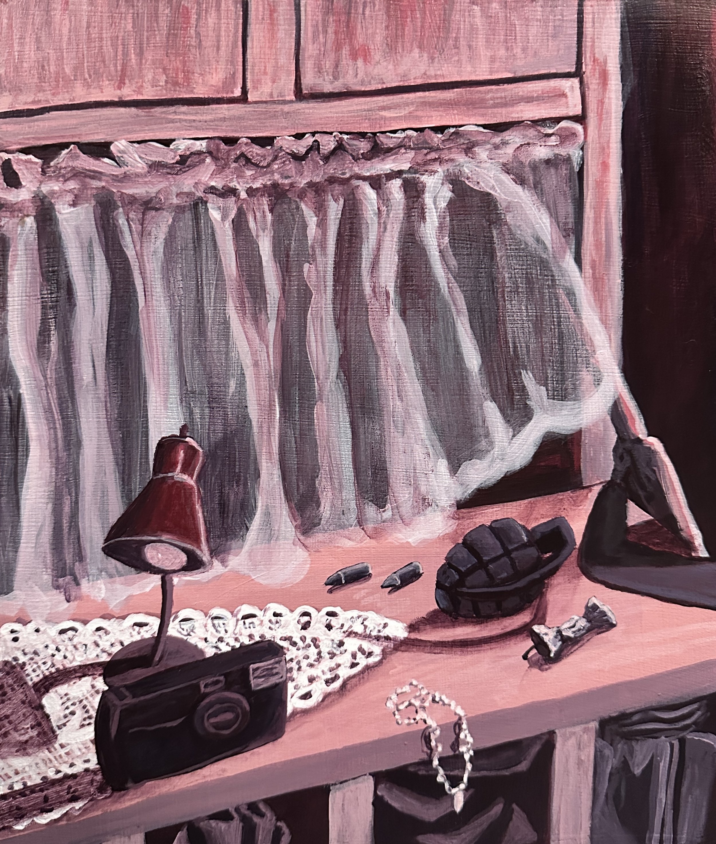 Painting of a pink wooden table with various objects including a lipstick, a chain, and dark-colored stones or objects placed on and around the table.