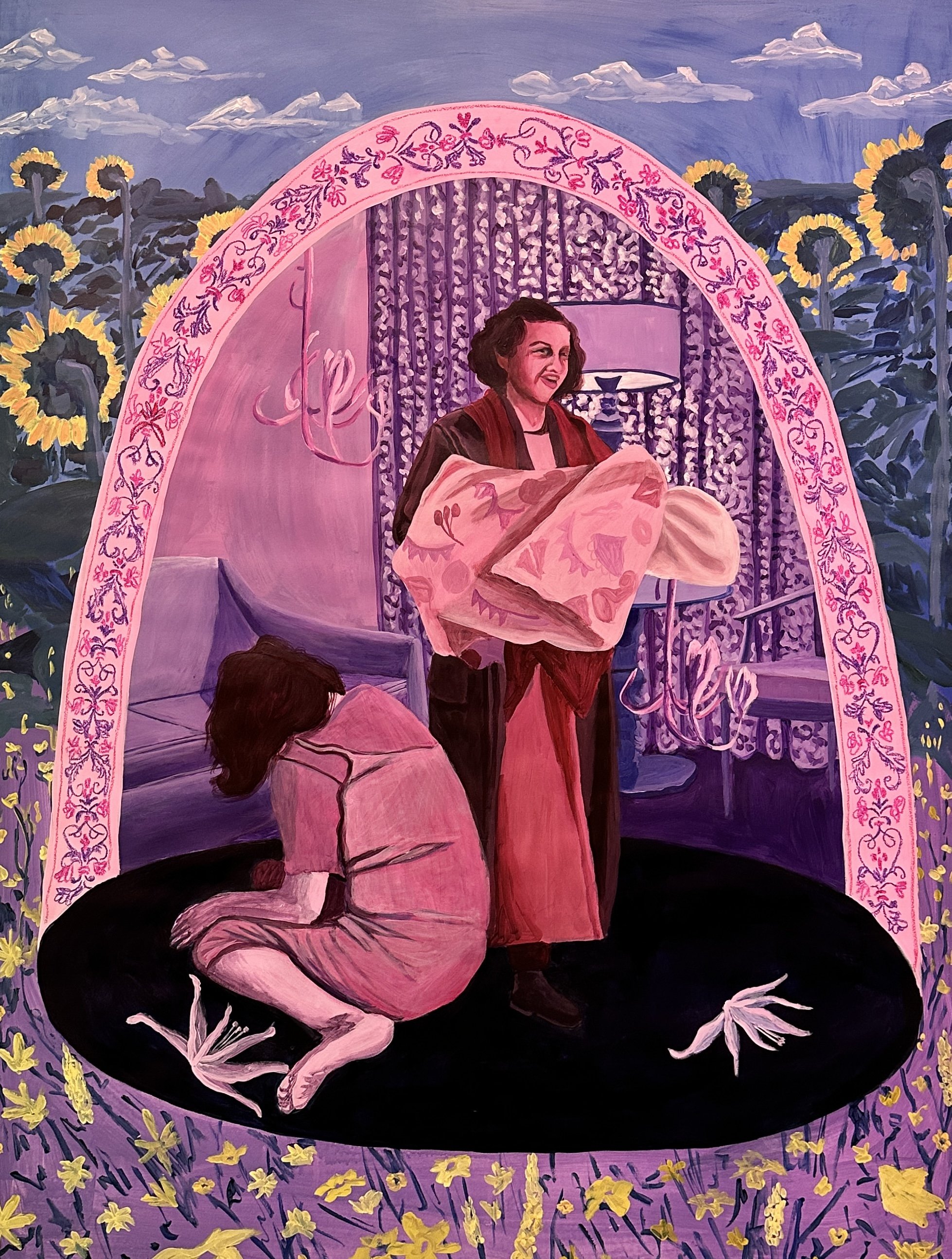 A colorful painting of a person with curly hair inside a teardrop-shaped floral structure, surrounded by a field of yellow flowers and a sky with clouds.