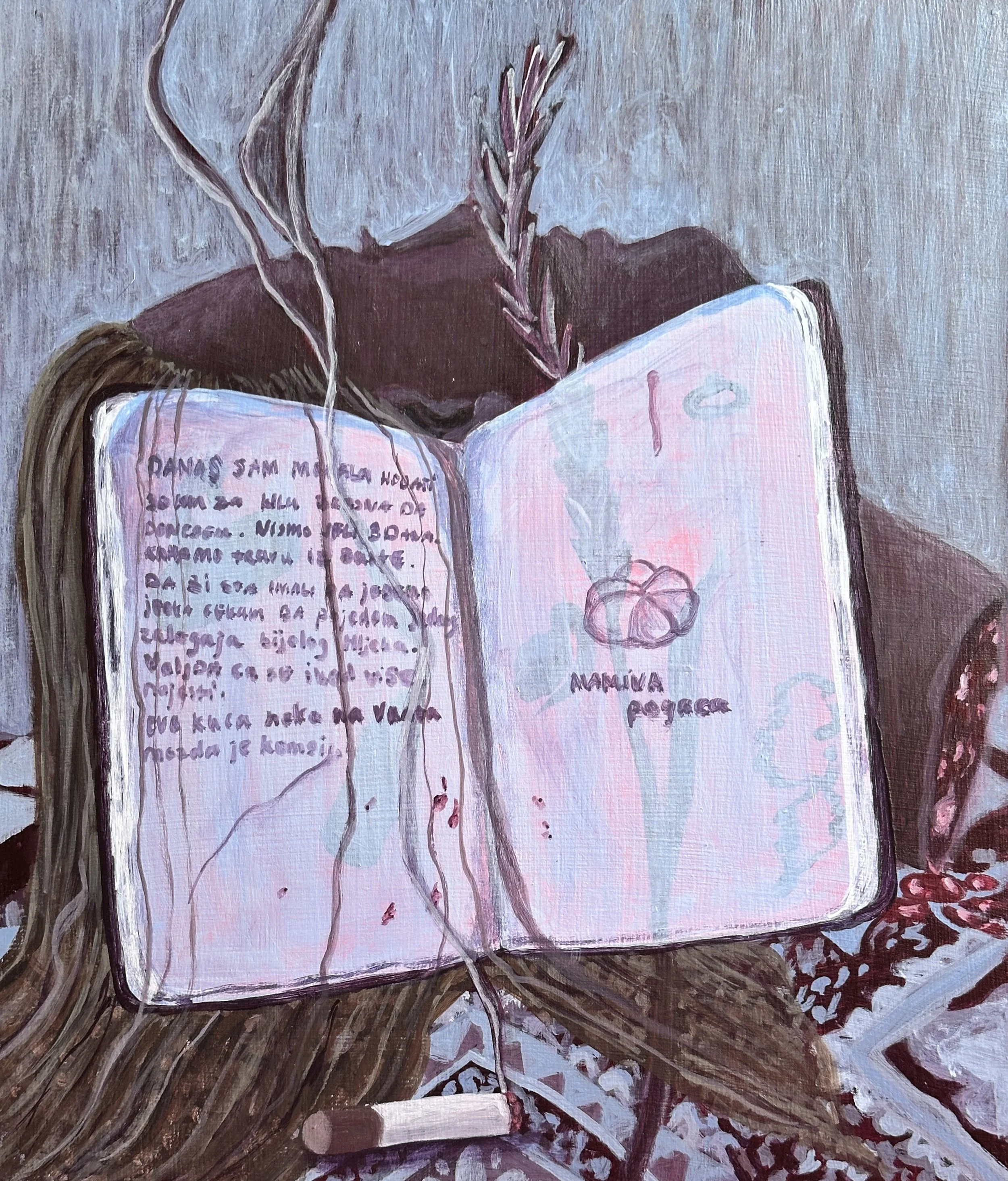 A painting of an open book with handwritten text, a pencil, and a raspberries illustration. The background consists of brown brushstrokes.
