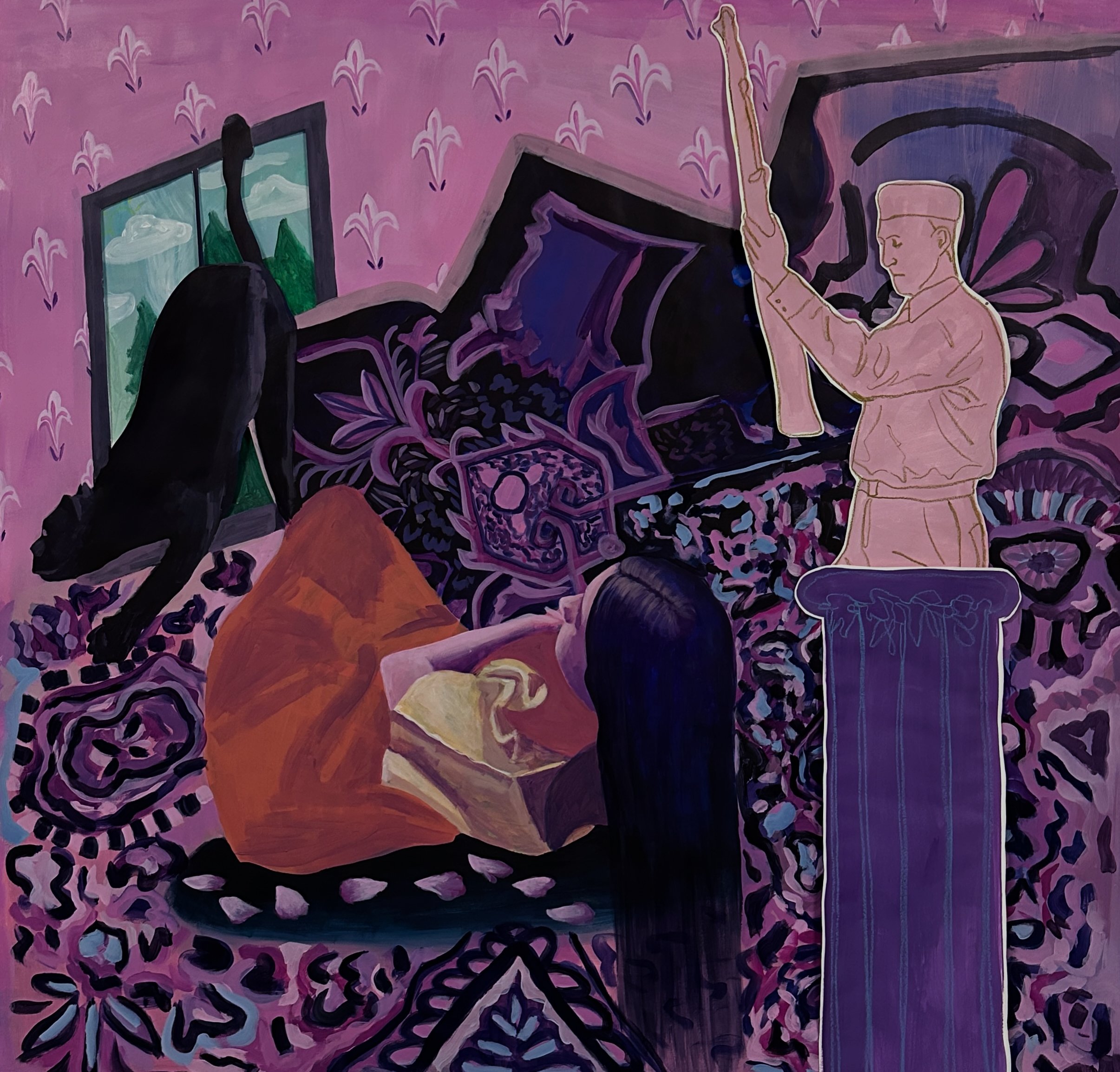 A colorful mural depicting a person with a light pink outline, a pink shirt, and orange pants sitting on the floor with various artistic elements around, including a window showing a landscape of mountains and sky, and purple floral patterns on a pink background.