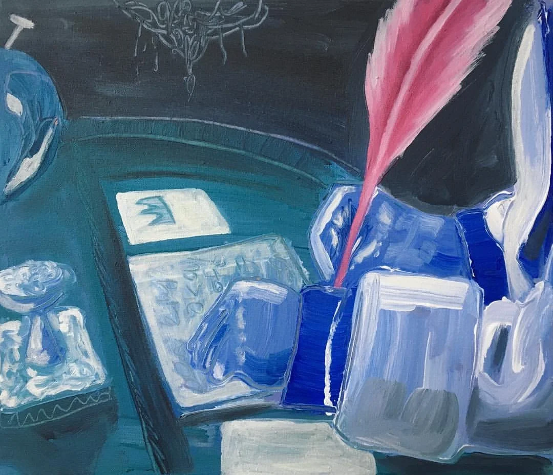 Abstract painting of a workspace with a smartphone, a notebook, a cup, and art supplies, including a pink brush, in shades of blue, gray, and white.