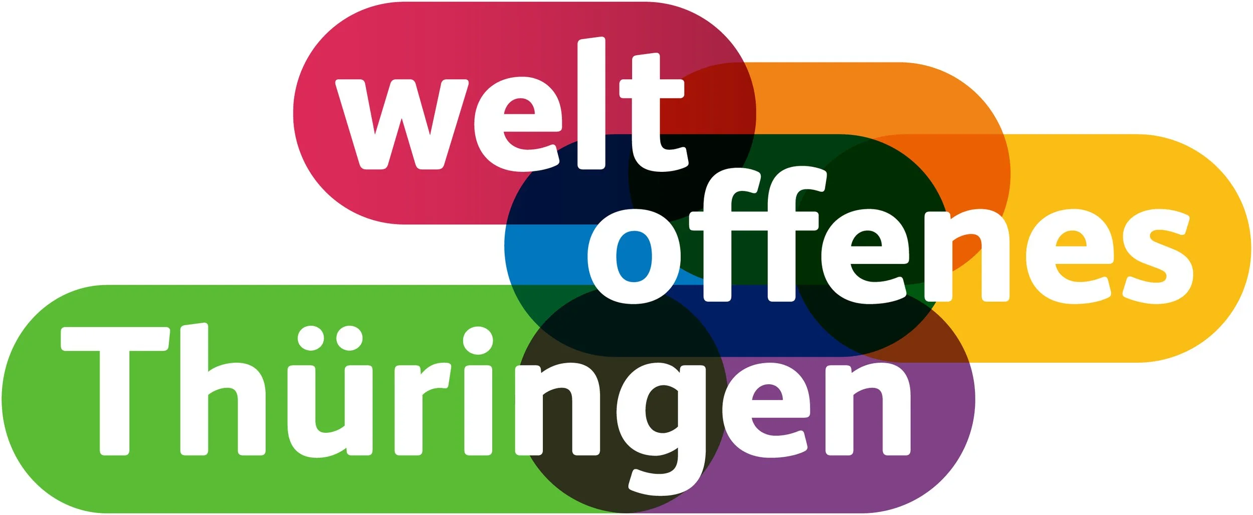 Mehrfarbige Sprechblasen mit weißen deutschen Texten: 'welt', 'offenes', 'Thüringen'.