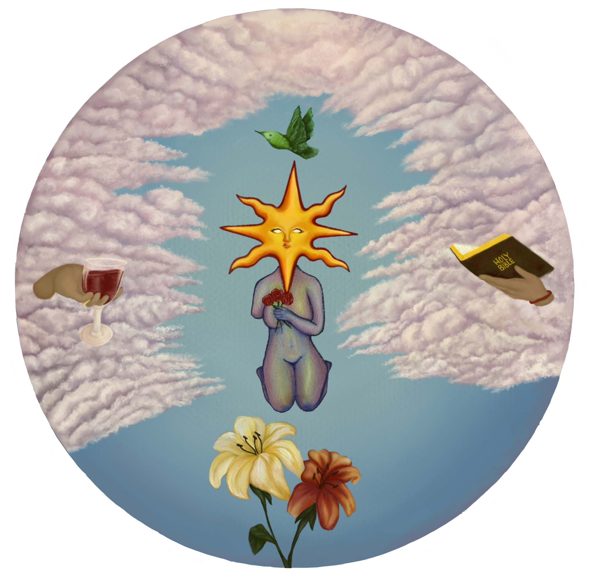 A hummingbird flying in front of a blue sky, with a golden sun face and a woman figure holding a bouquet of 3 roses and a Bible and Christs sacrifice, surrounded by the Holy Ghost represented through pink clouds.