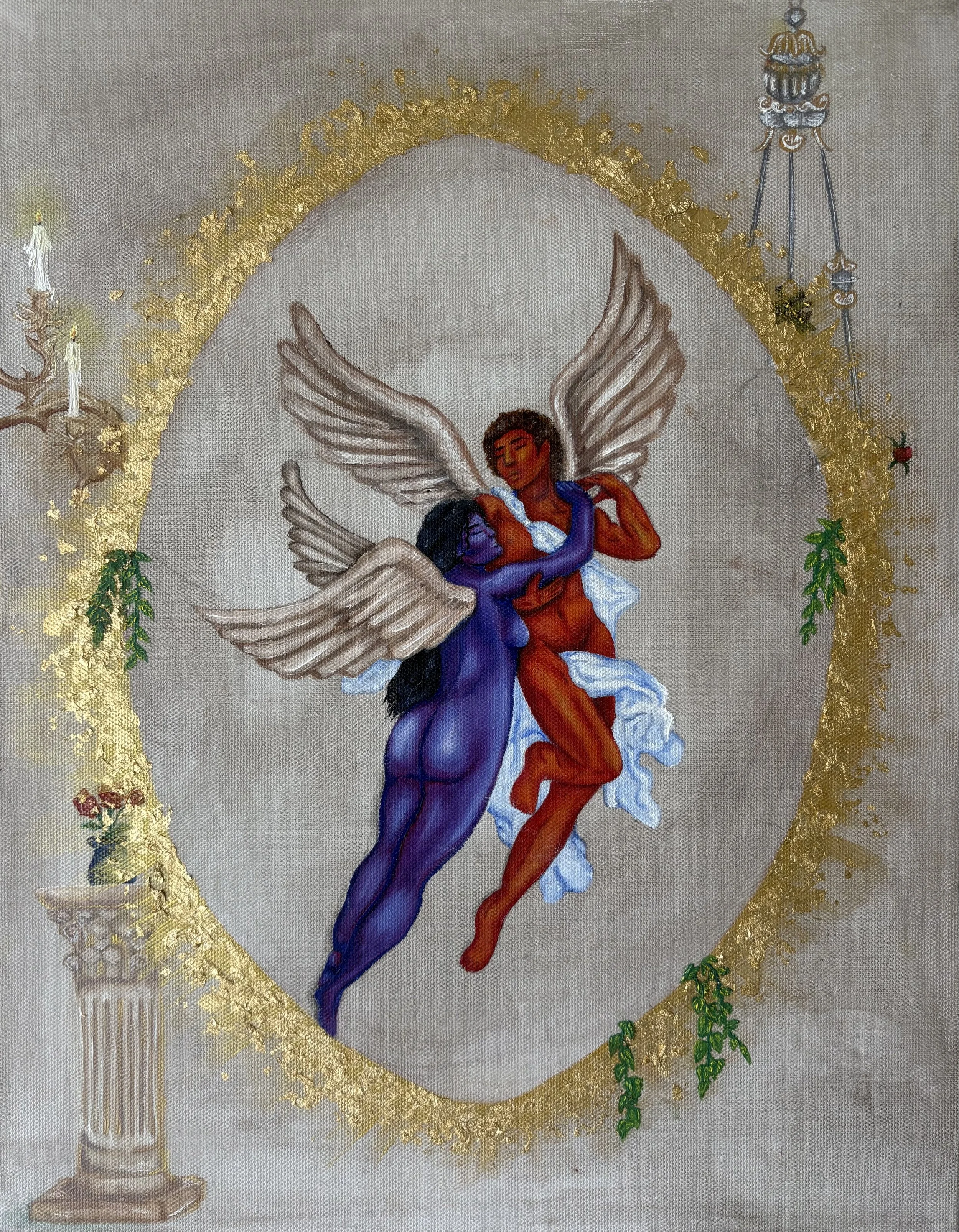 Painted image of two angels, one cool toned the other warm toned.  Embracing each other under a gold arch. They have large wings and are surrounded by lit candles, Italian architect, and green foliage.